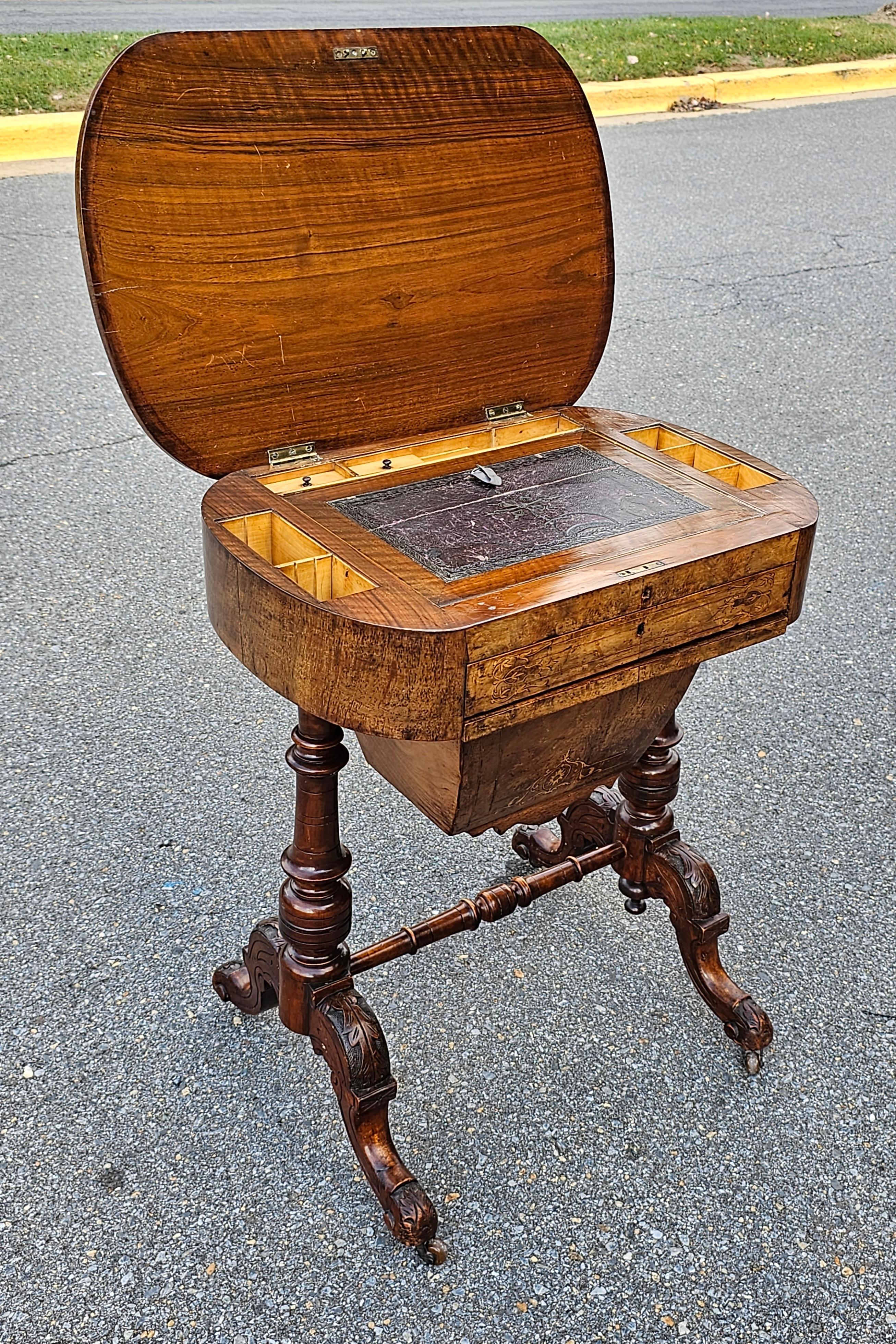 19th Century Victorian Marquetry Burl Walnut Sewing Table In Good Condition For Sale In Germantown, MD