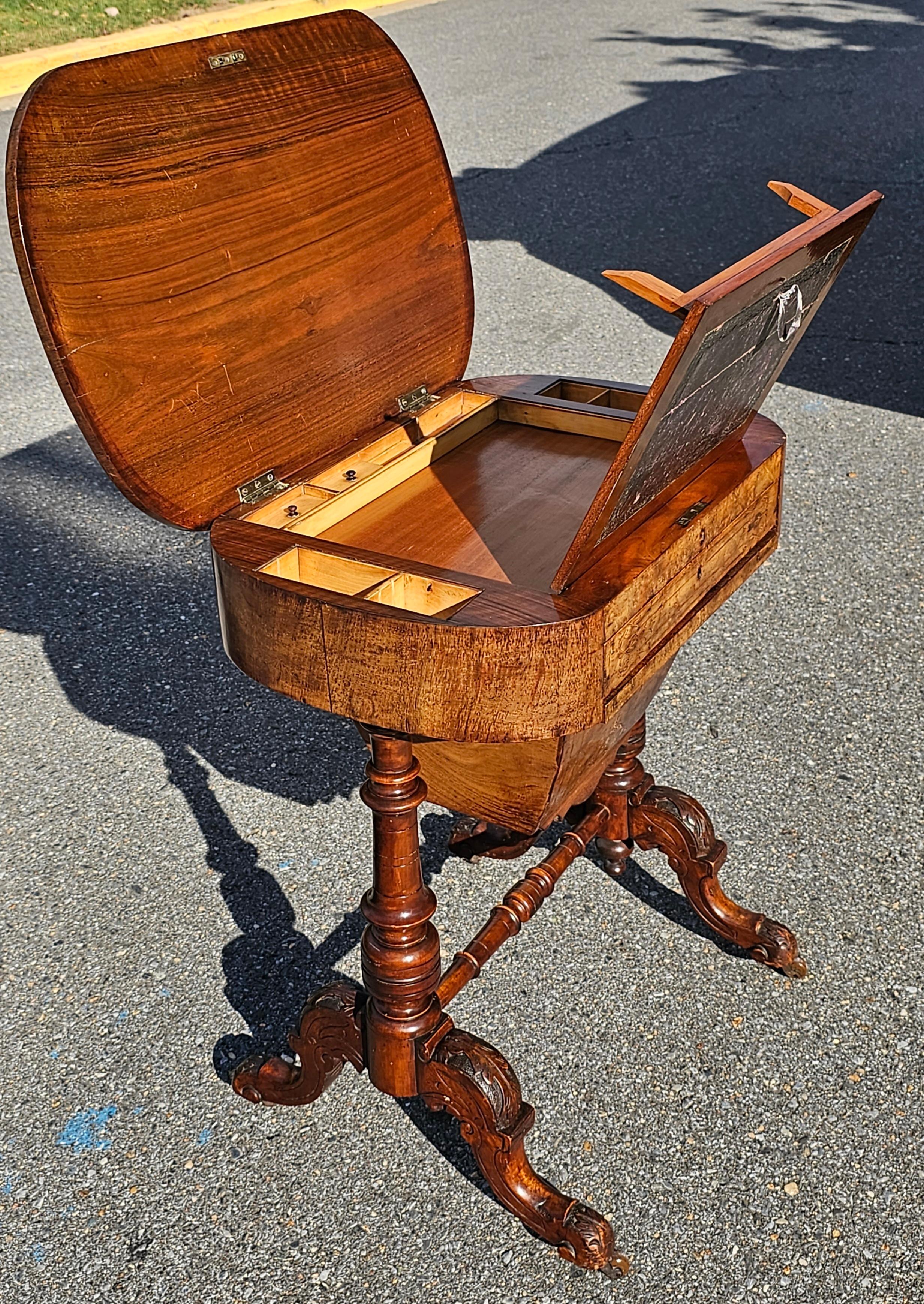 Satinwood 19th Century Victorian Marquetry Burl Walnut Sewing Table For Sale