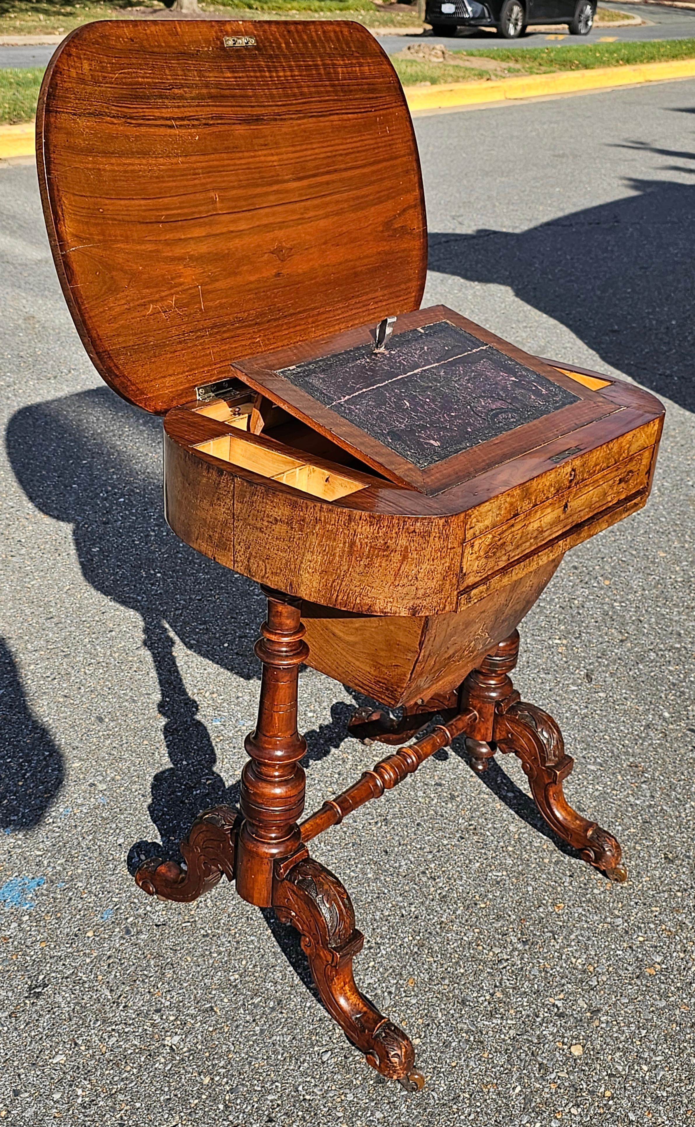 19th Century Victorian Marquetry Burl Walnut Sewing Table For Sale 1