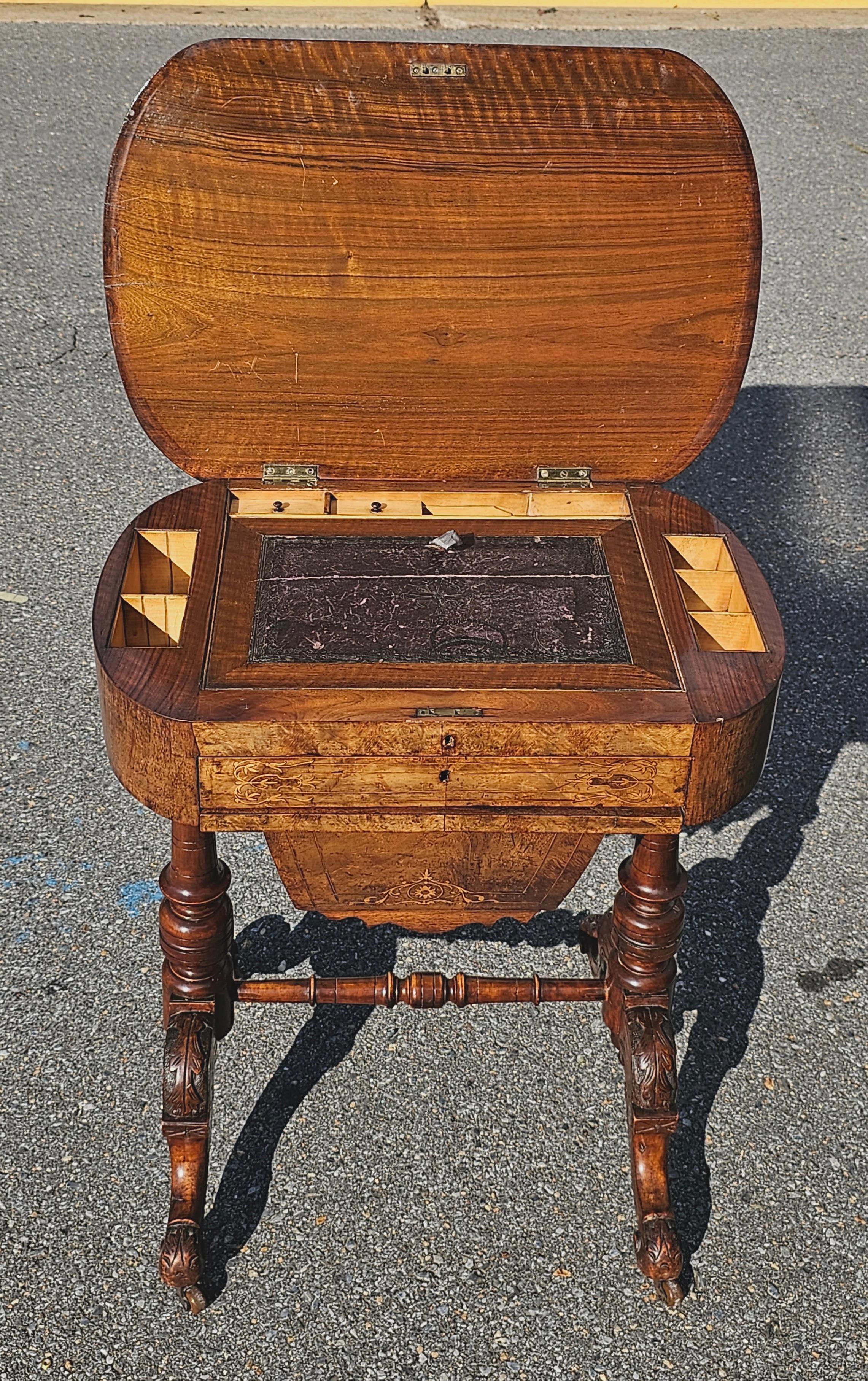 19th Century Victorian Marquetry Burl Walnut Sewing Table For Sale 2