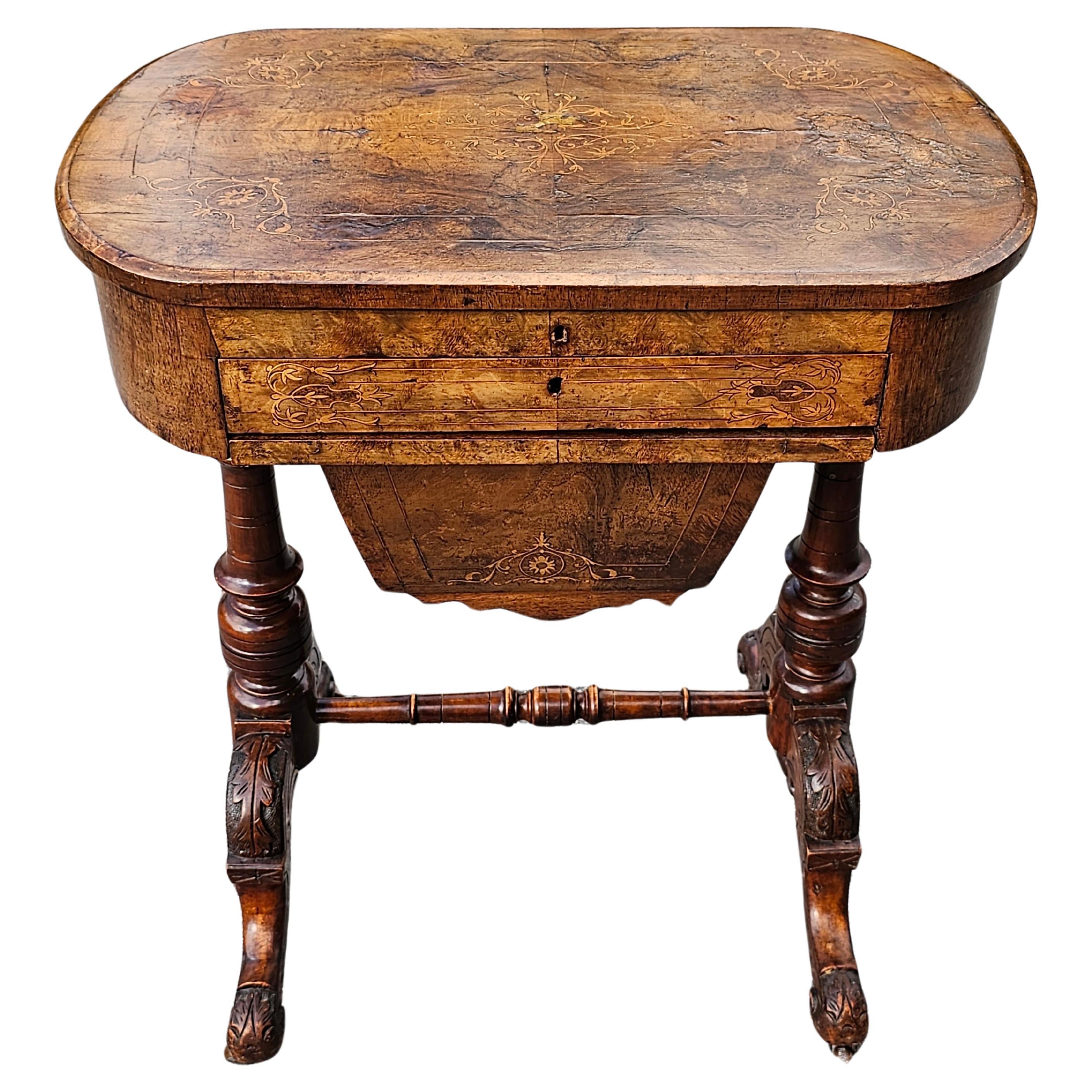 19th Century Victorian Marquetry Burl Walnut Sewing Table For Sale