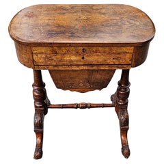 Used 19th Century Victorian Marquetry Burl Walnut Sewing Table