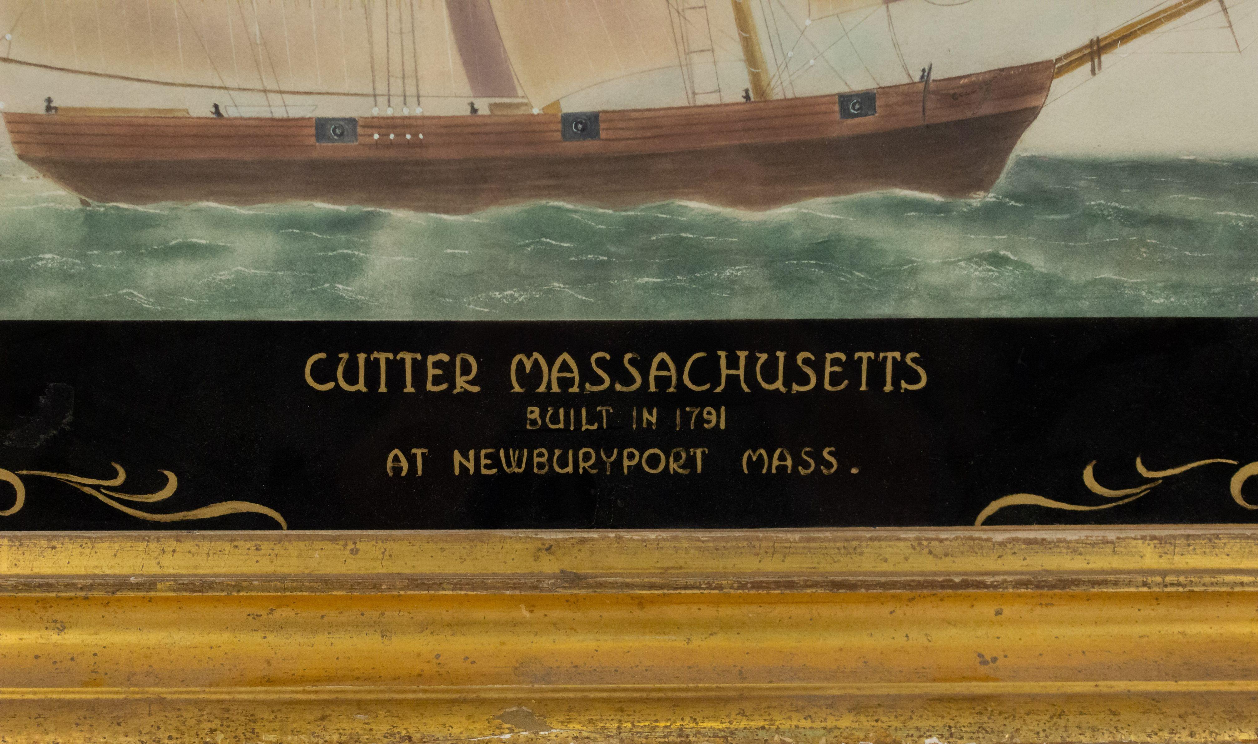 19th century nautical watercolor painting depicting the Cutter Massachusetts built at Newbury port in the Commonwealth of Massachusetts in the year 1791. Watercolor seascape with reverse painted and gilt glass border with scrolling decoration and
