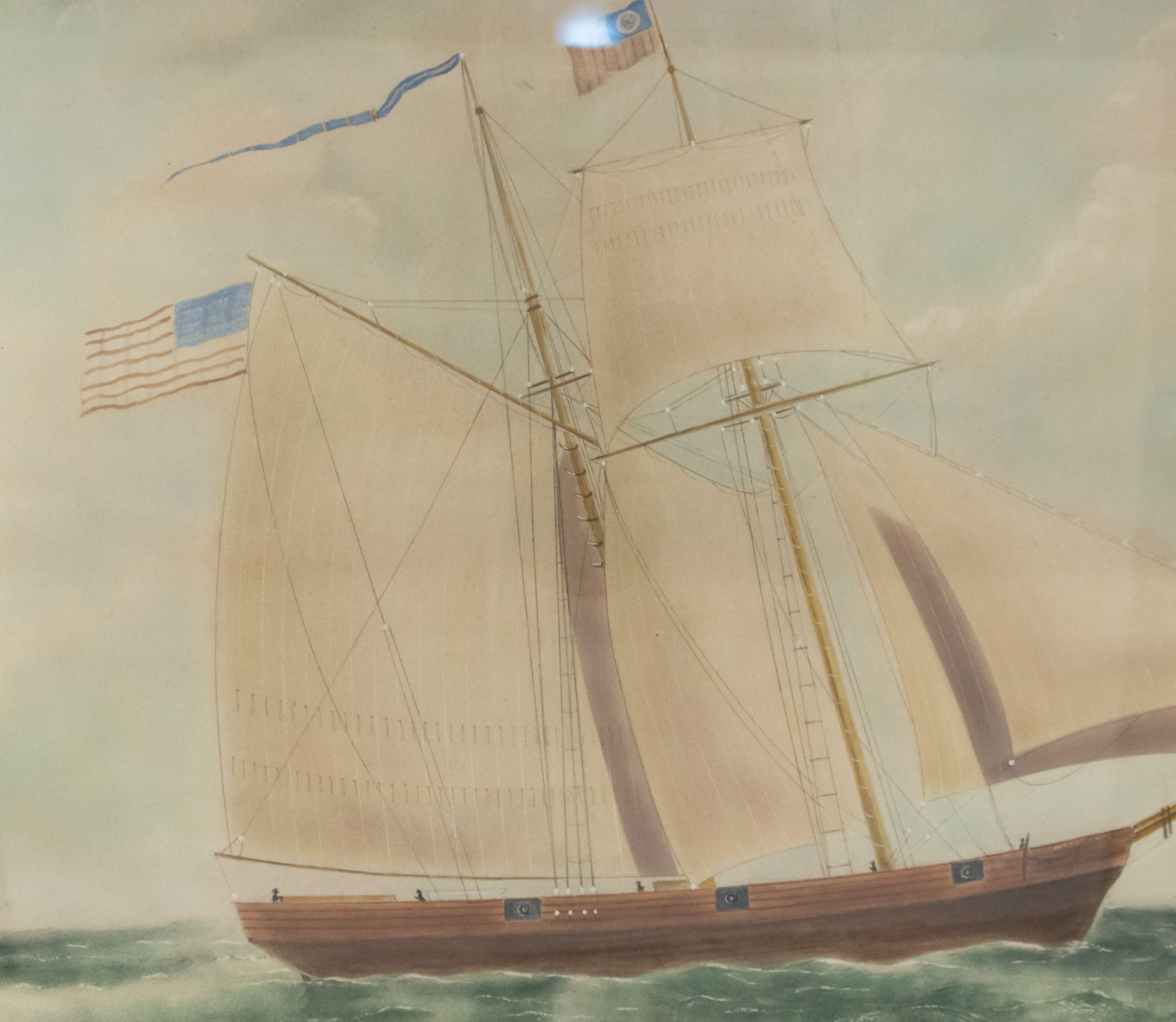 American 19th Century Victorian Nautical Watercolor Depicting the Cutter Massachusetts For Sale