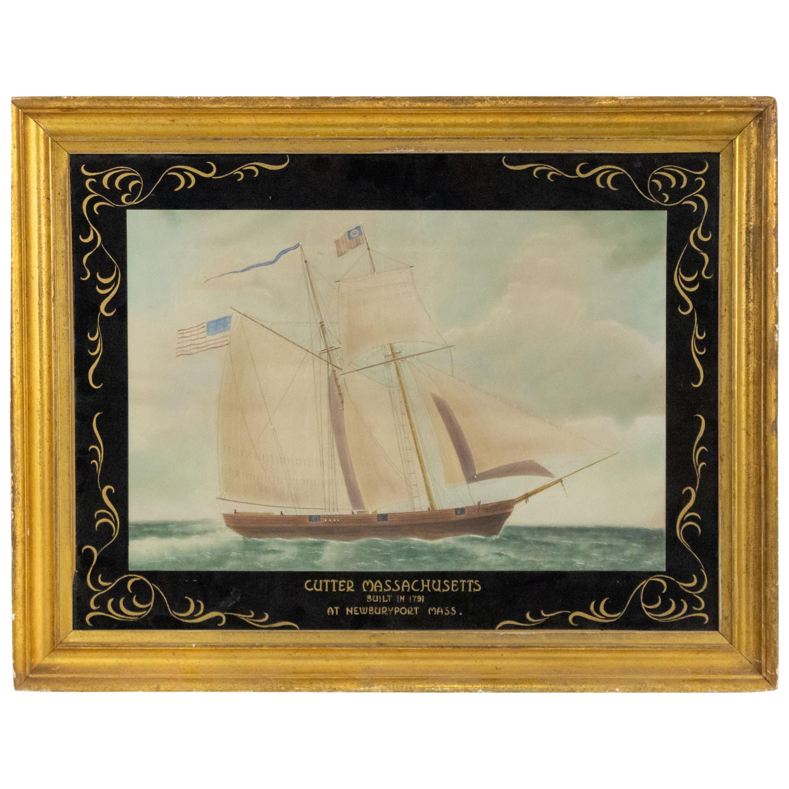 Viktorianisches nautisches Aquarell des 19. Jahrhunderts, das den Cutter Massachusetts darstellt