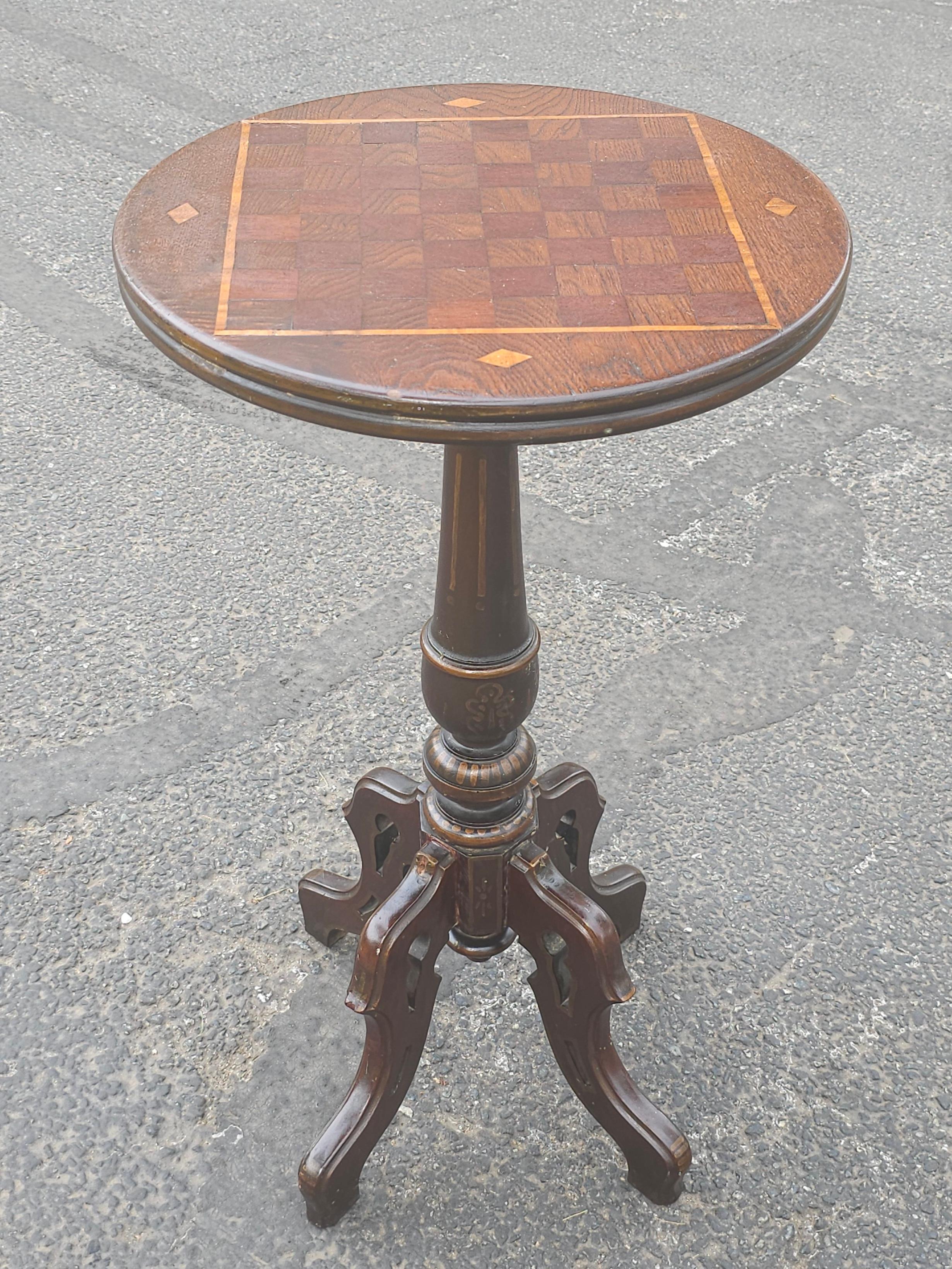 19th Century Victorian Oak & Mixed Wood Parquetry and Inlay Pedestal Game Table For Sale 4