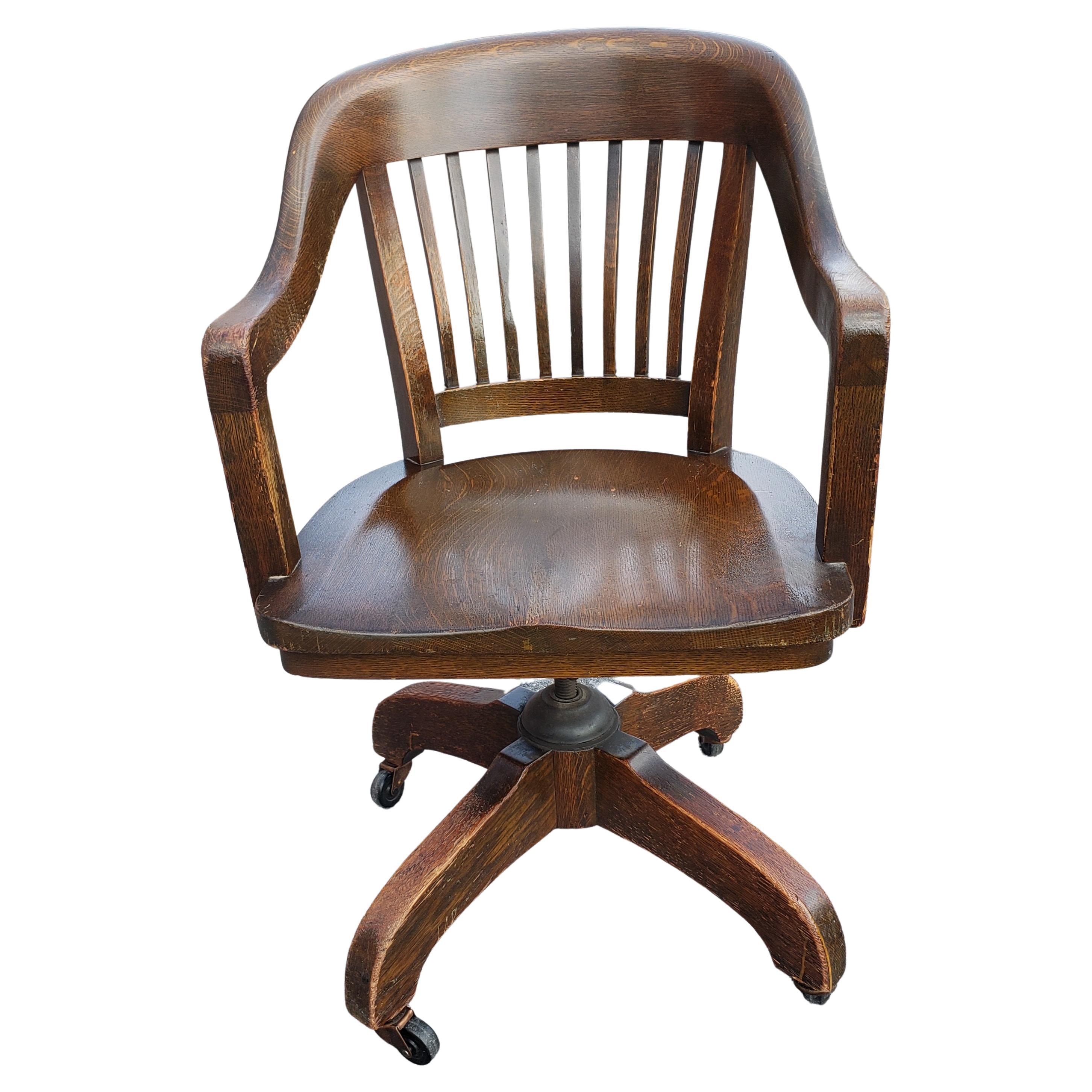 19th Century Victorian Oak Swivel Bankers Chair 