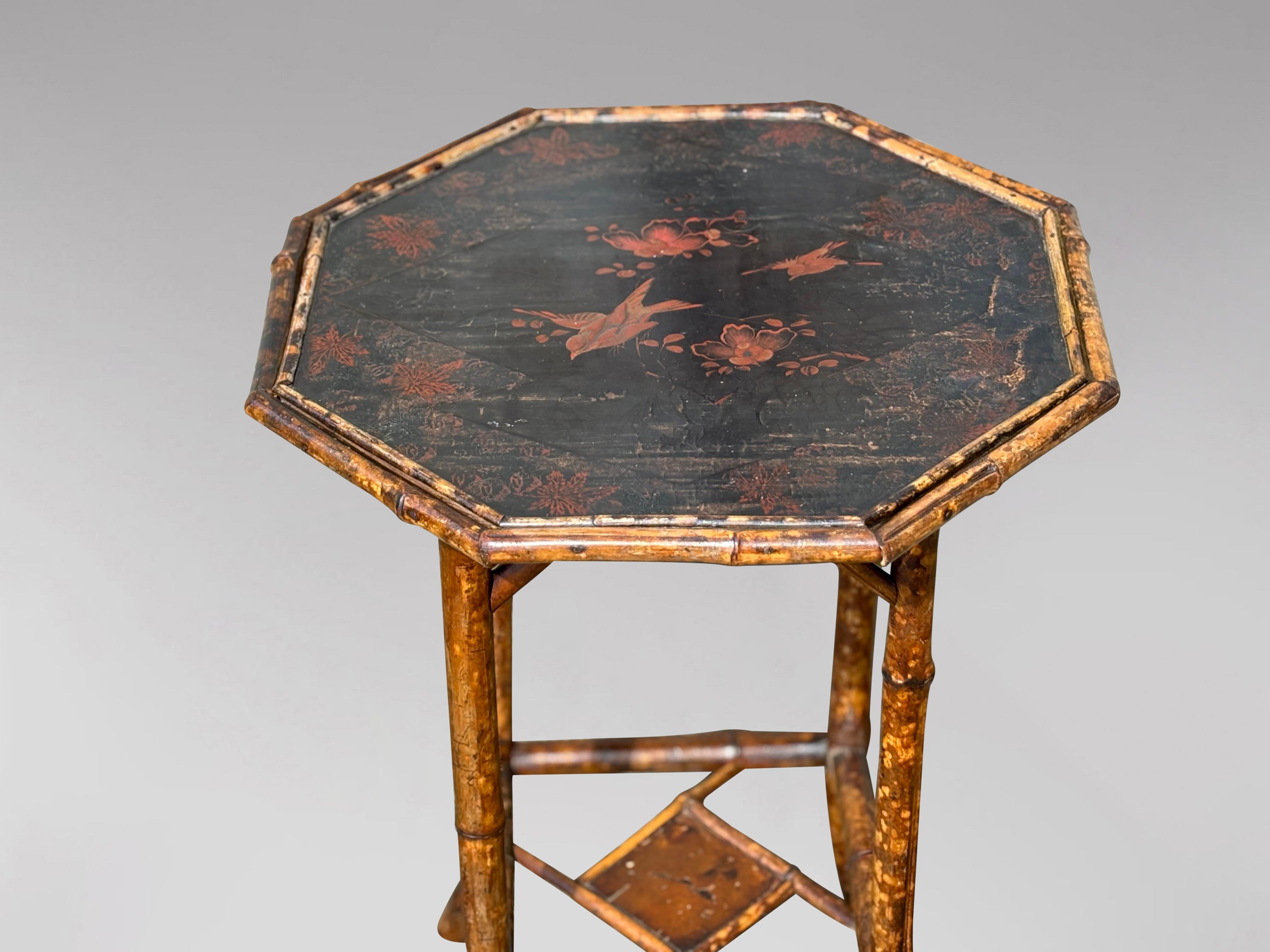 Hand-Painted 19th Century Victorian Octagon Hand Painted Tiger Bamboo Side Table