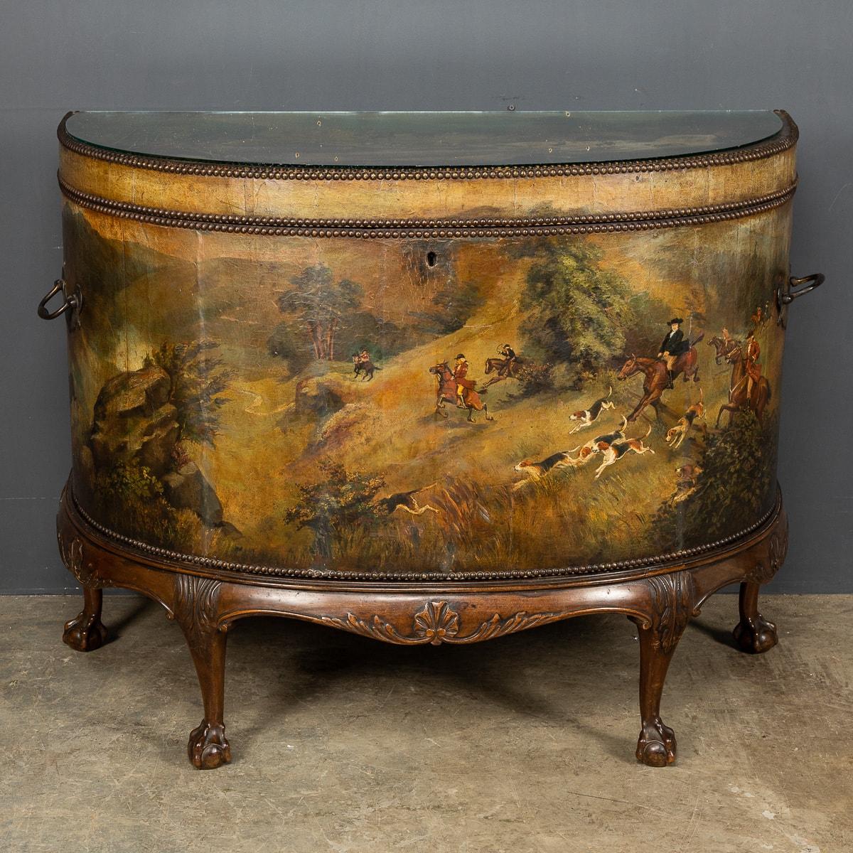 Antique 19th century Victorian demilune leather trunk once used for coach travel but repurposed in the Edwardian era as a highly decorative piece, with the addition of a beautifully painted hunting scene in the English countryside in oils around the