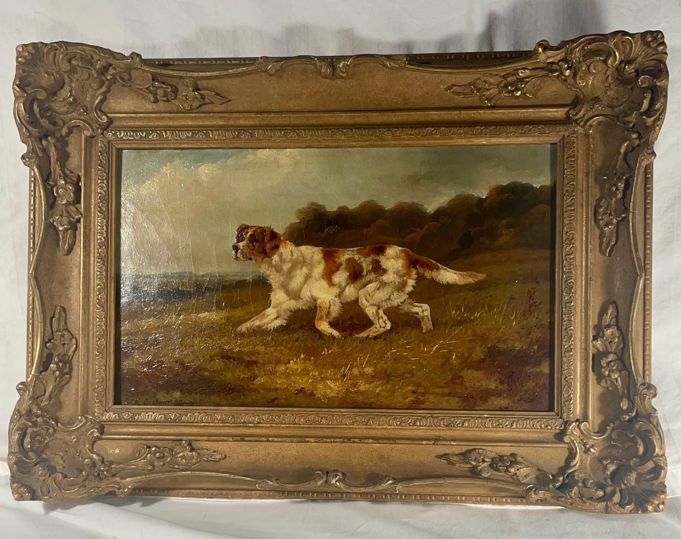 19th Century Victorian Oil Painting of English Setter by Robert Cleminson.

Stunning 19th century oil painting titled “Stalking Setter “ by the English artist, Robert Cleminson (1864-1906). He was a painter of landscapes, highland game and