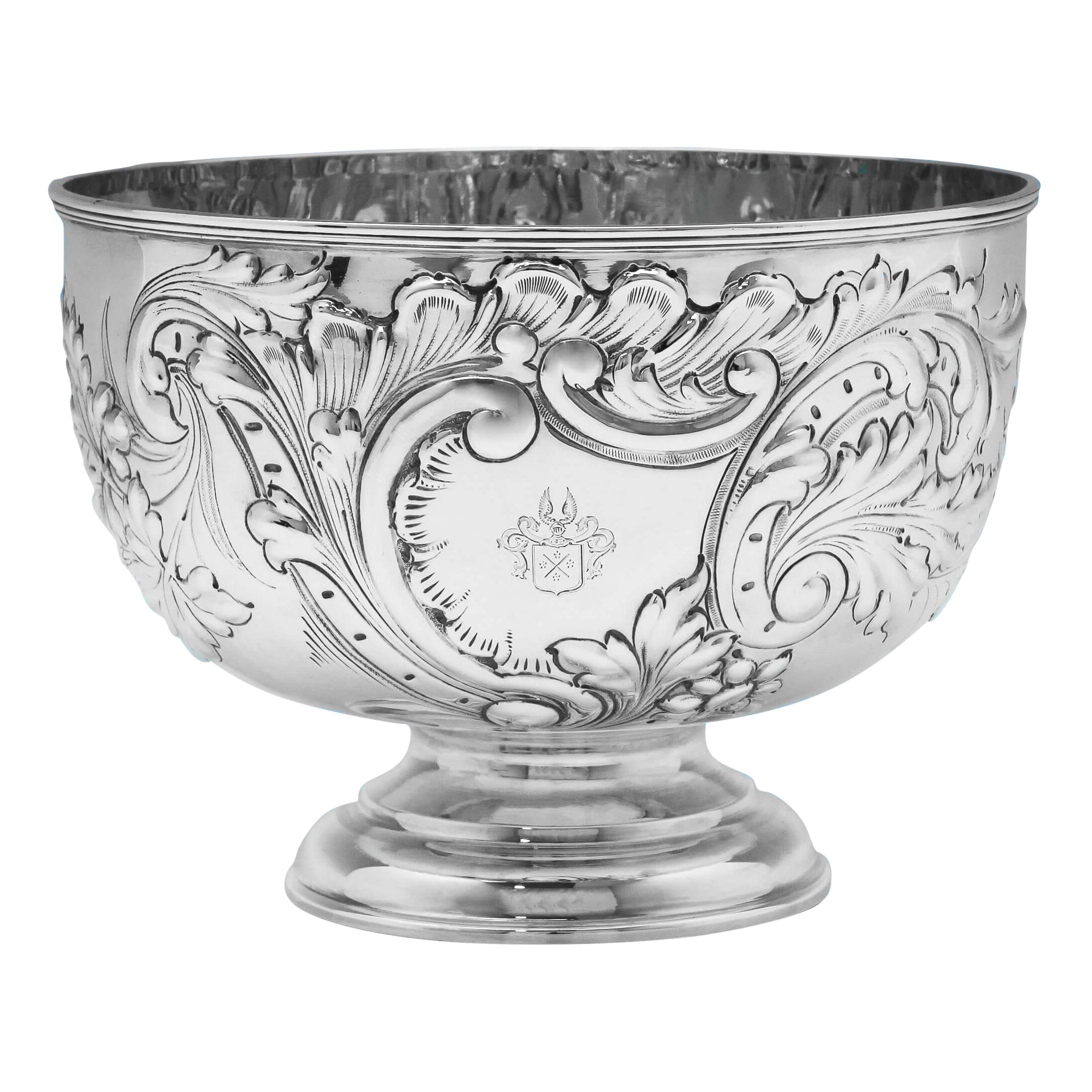 19th Century Victorian Ornate Chased Antique Sterling Silver Bowl