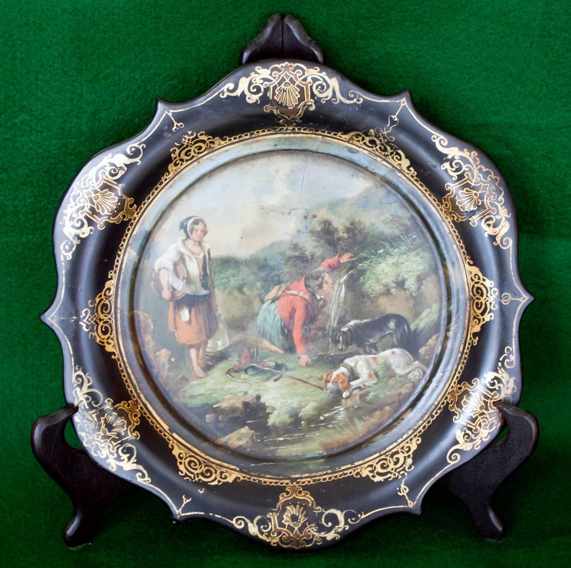 19th century Victorian Papier Mâché Decorative Plate with Scottish Hunting Scene 1