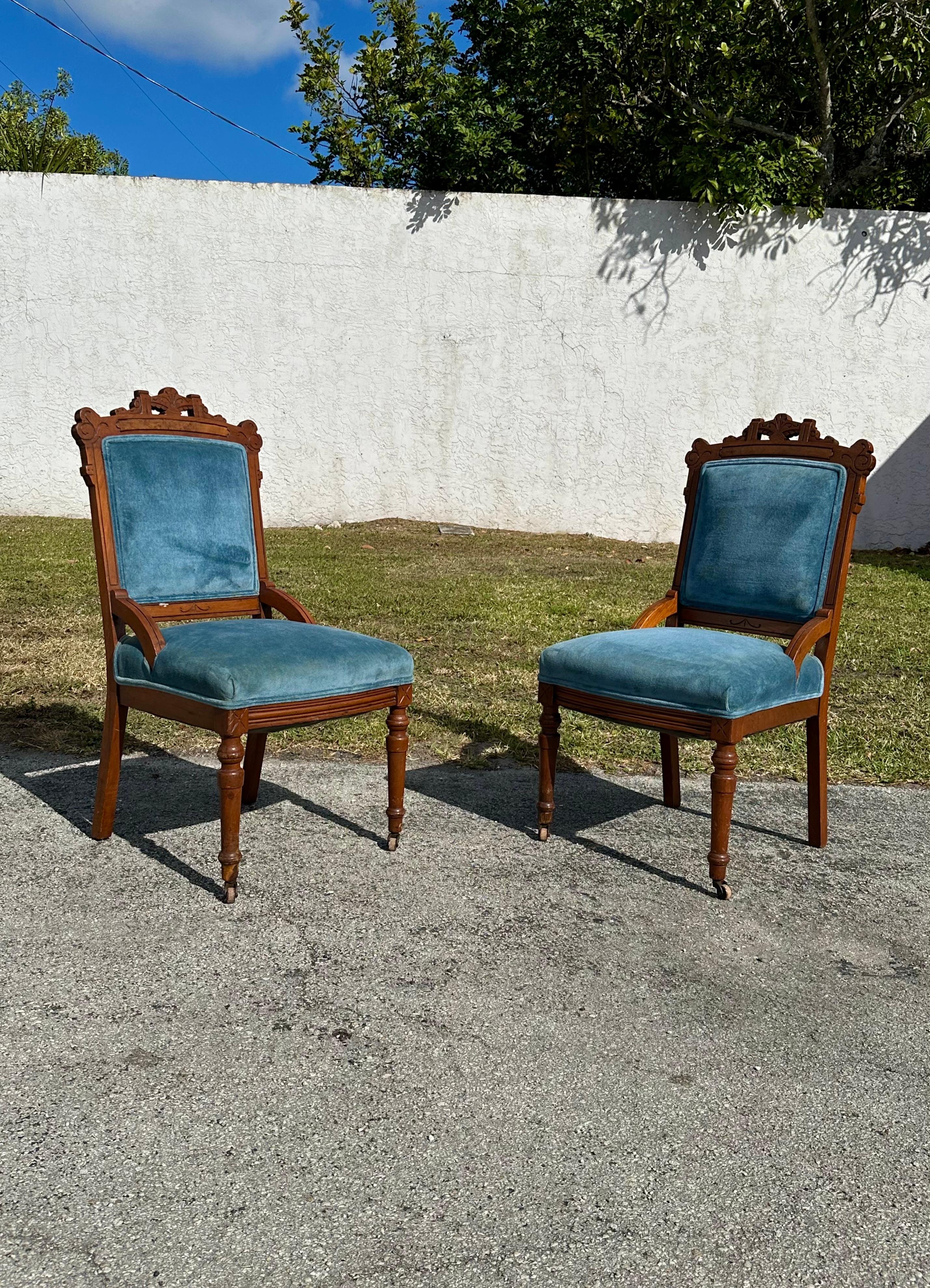 19th Century Victorian Parlor Libarary Chairs on Castors, Set of 2 For Sale 1