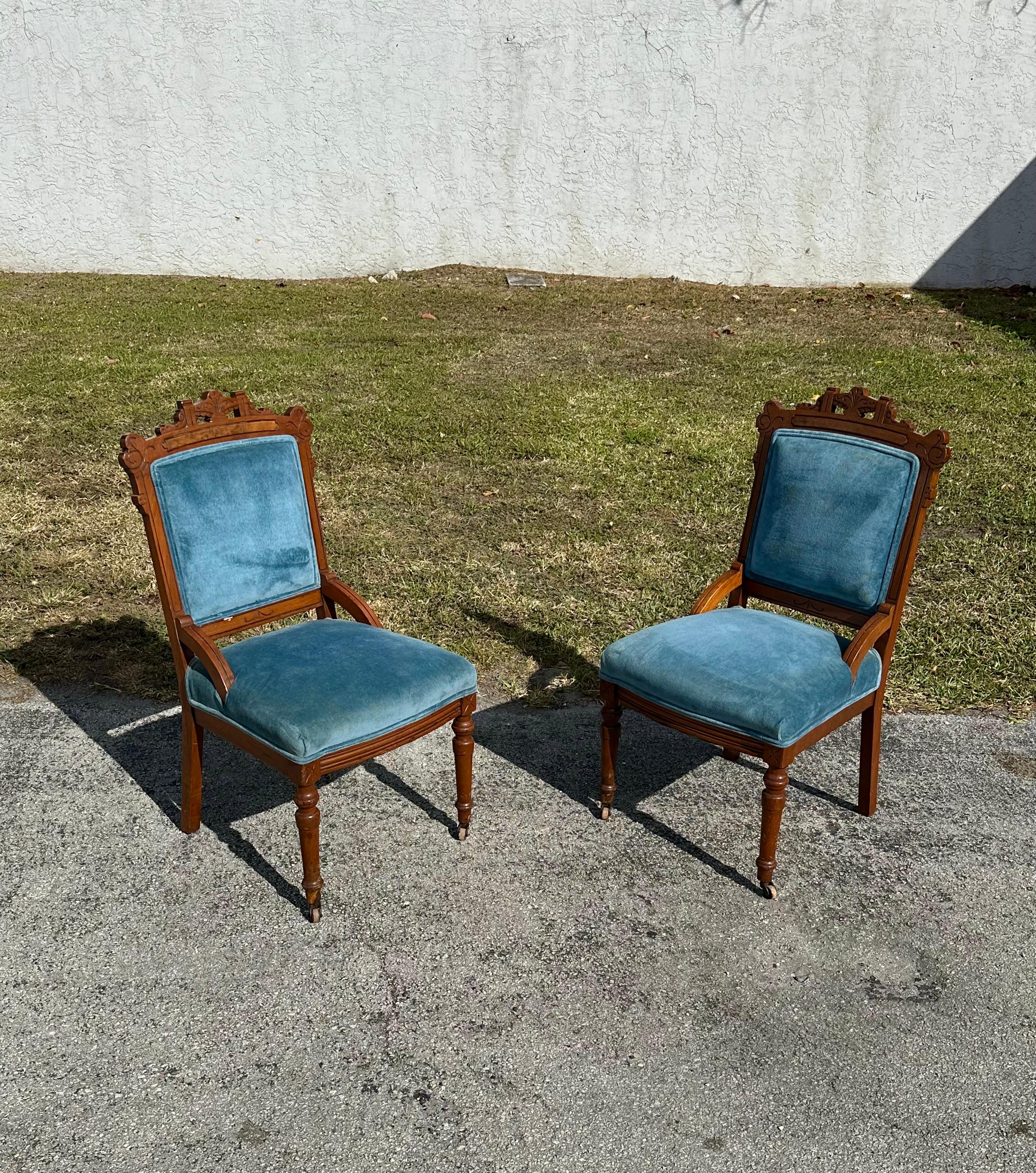 19th Century Victorian Parlor Libarary Chairs on Castors, Set of 2 For Sale 4