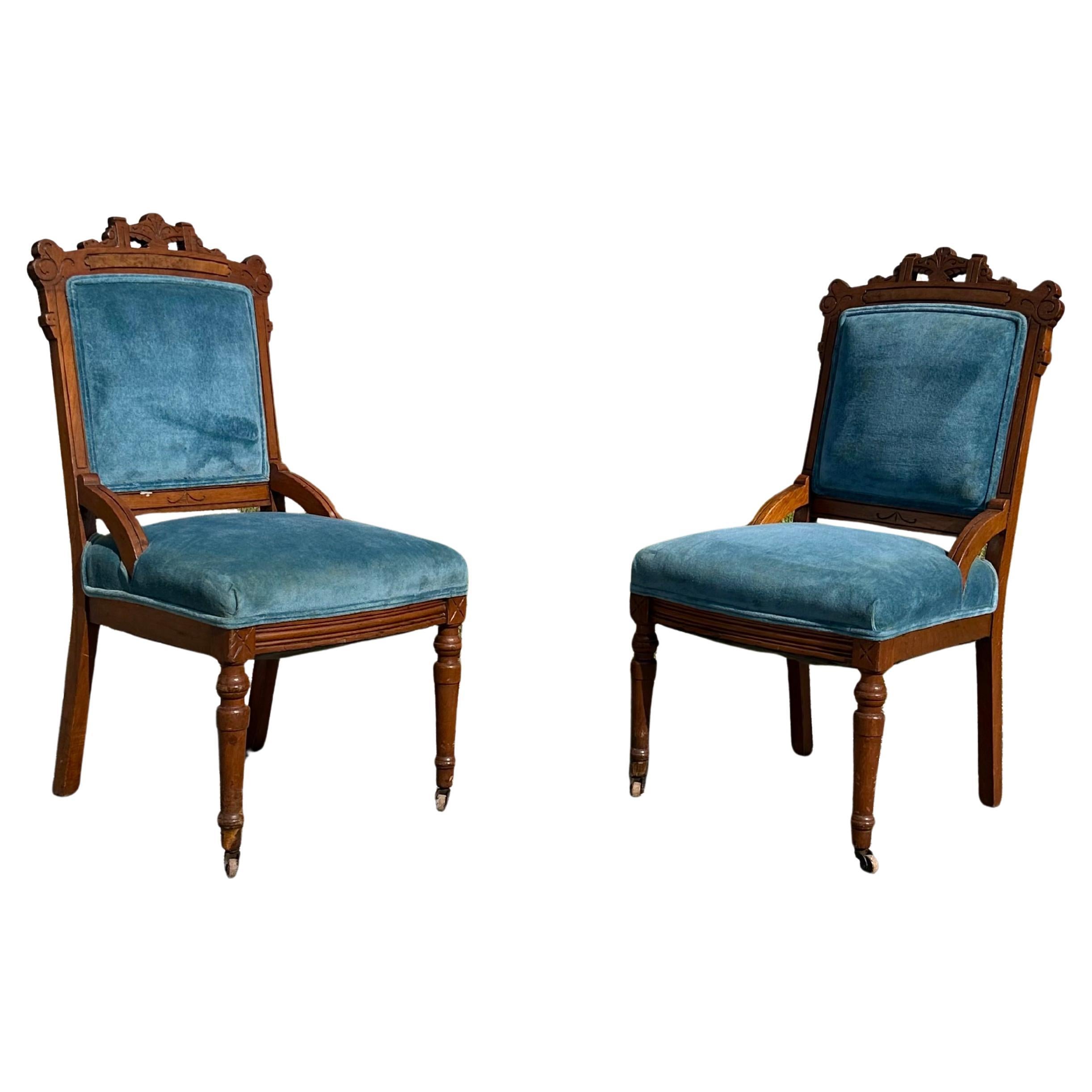 19th Century Victorian Parlor Libarary Chairs on Castors, Set of 2