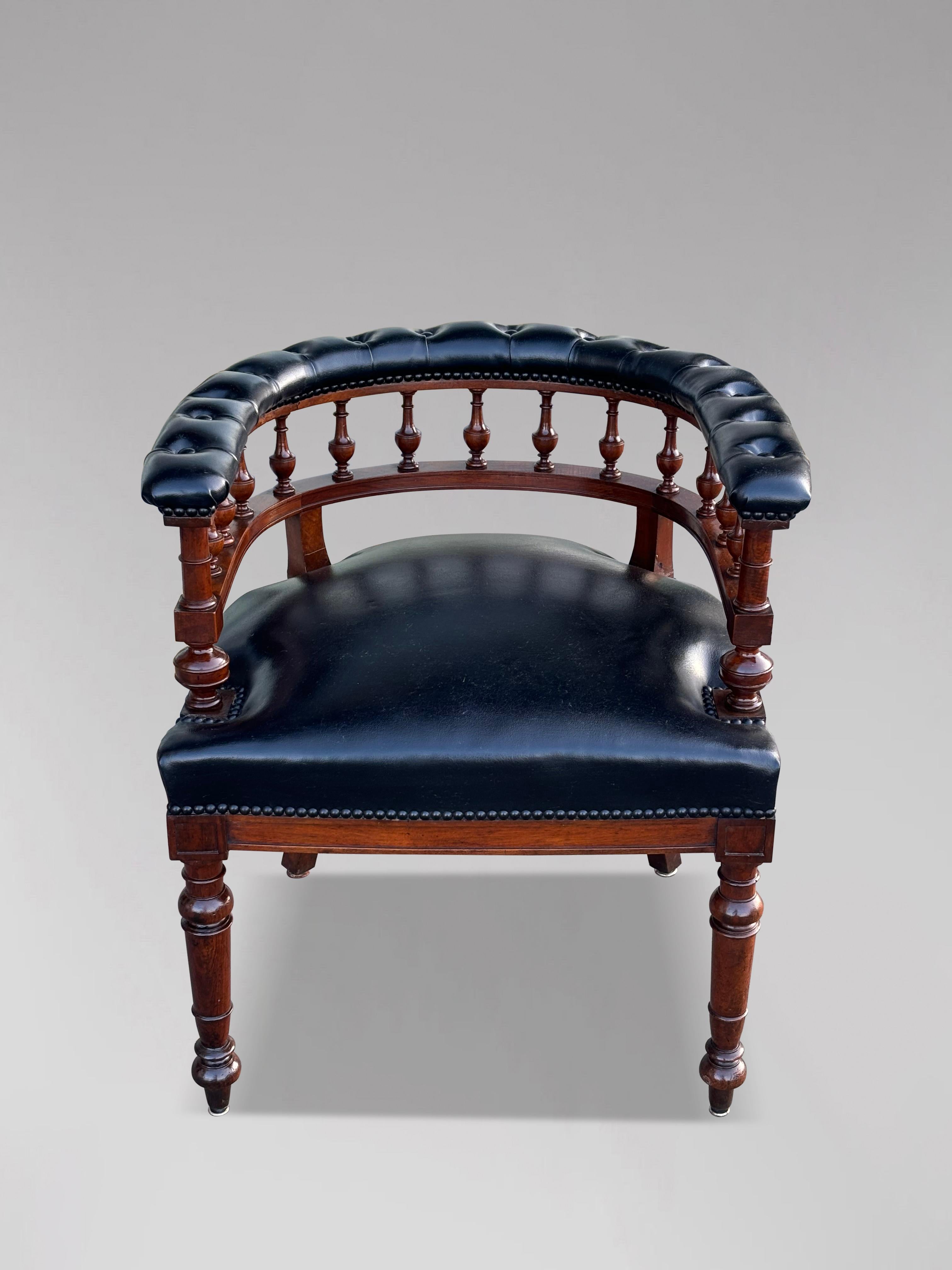 19th Century Victorian Period Black Leather Captain's Desk Armchair For Sale 1