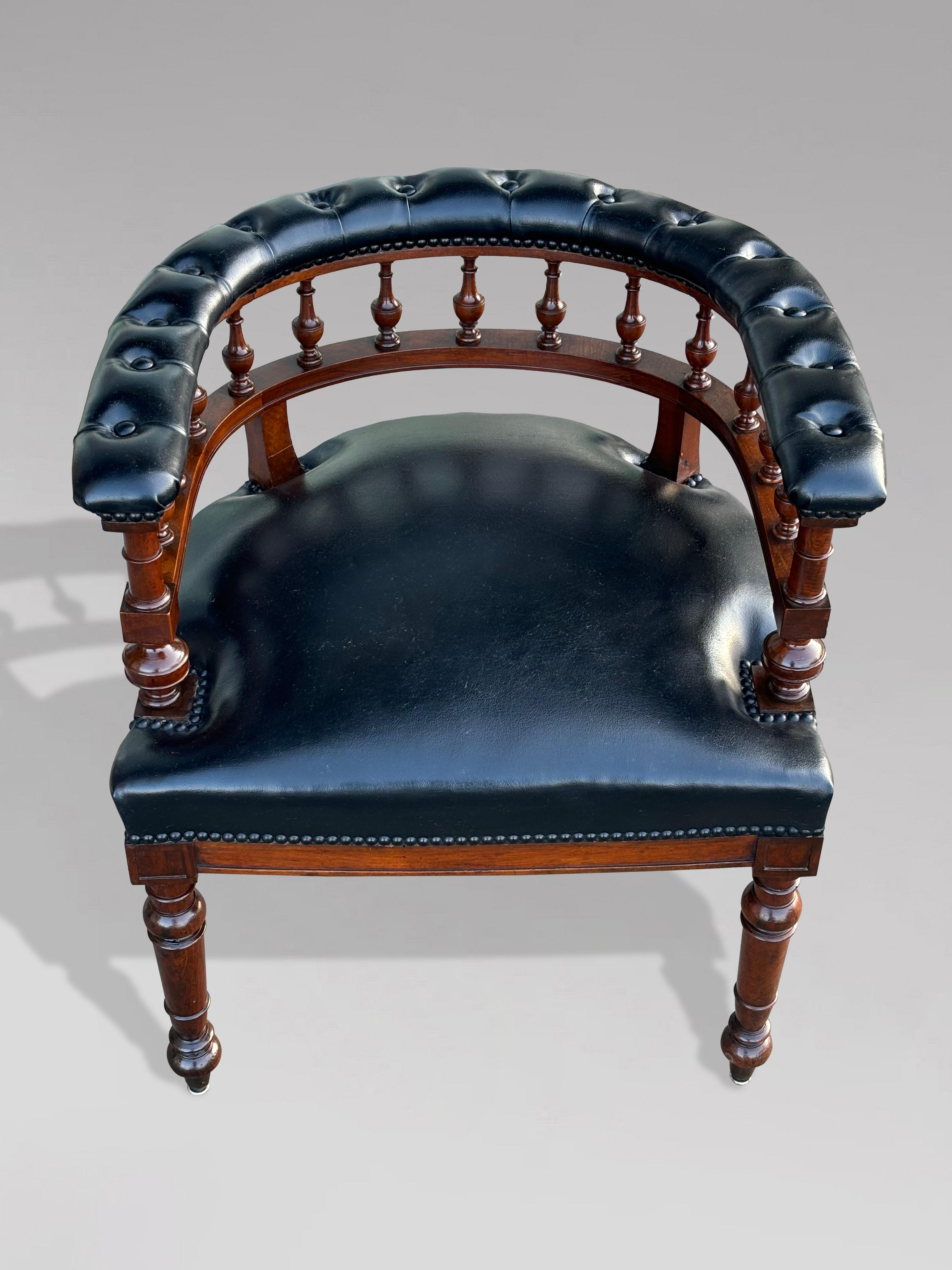 19th Century Victorian Period Black Leather Captain's Desk Armchair For Sale 3