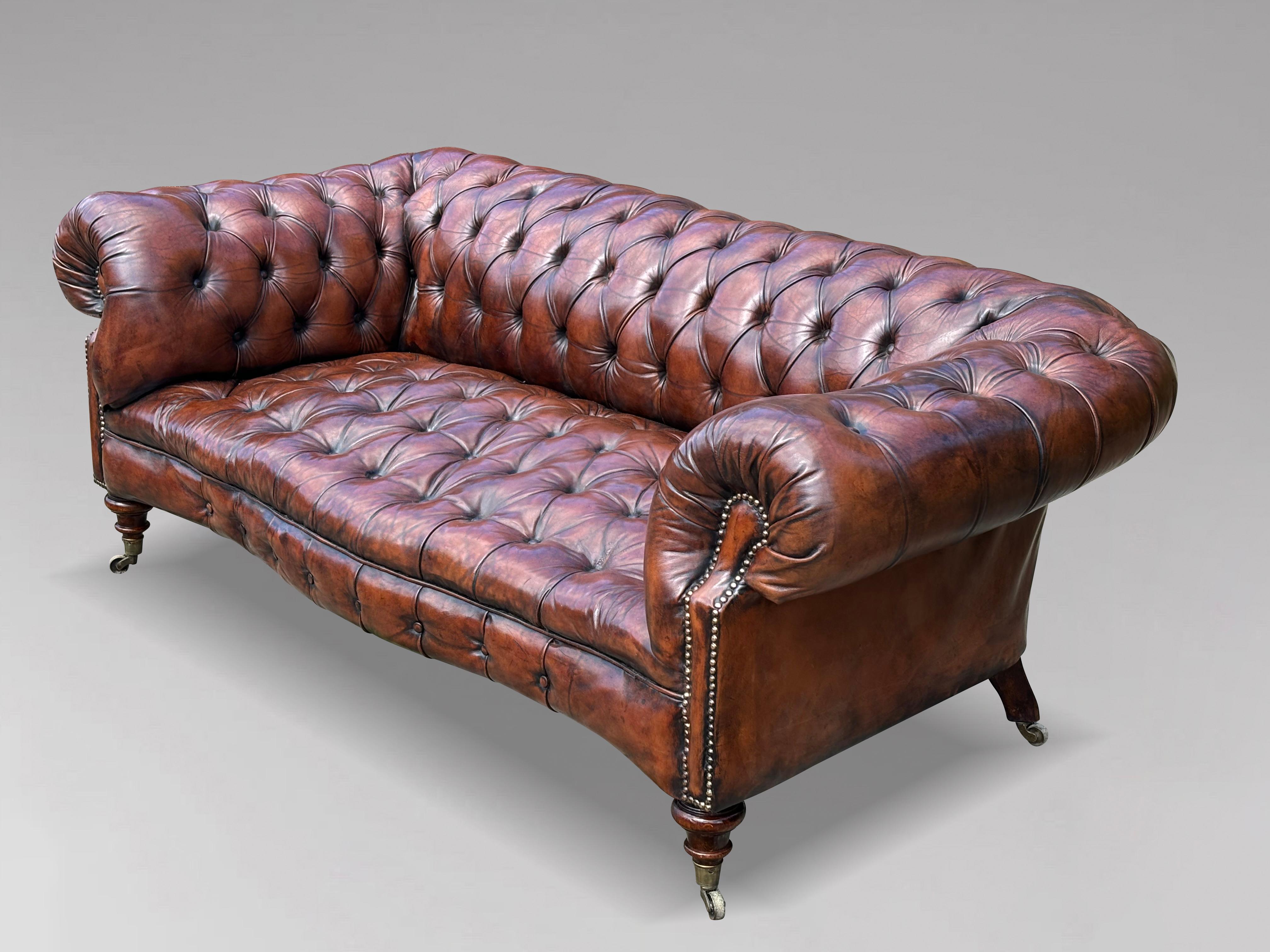 British 19th Century Victorian Period Brown Leather Chesterfield Sofa, Circa 1880