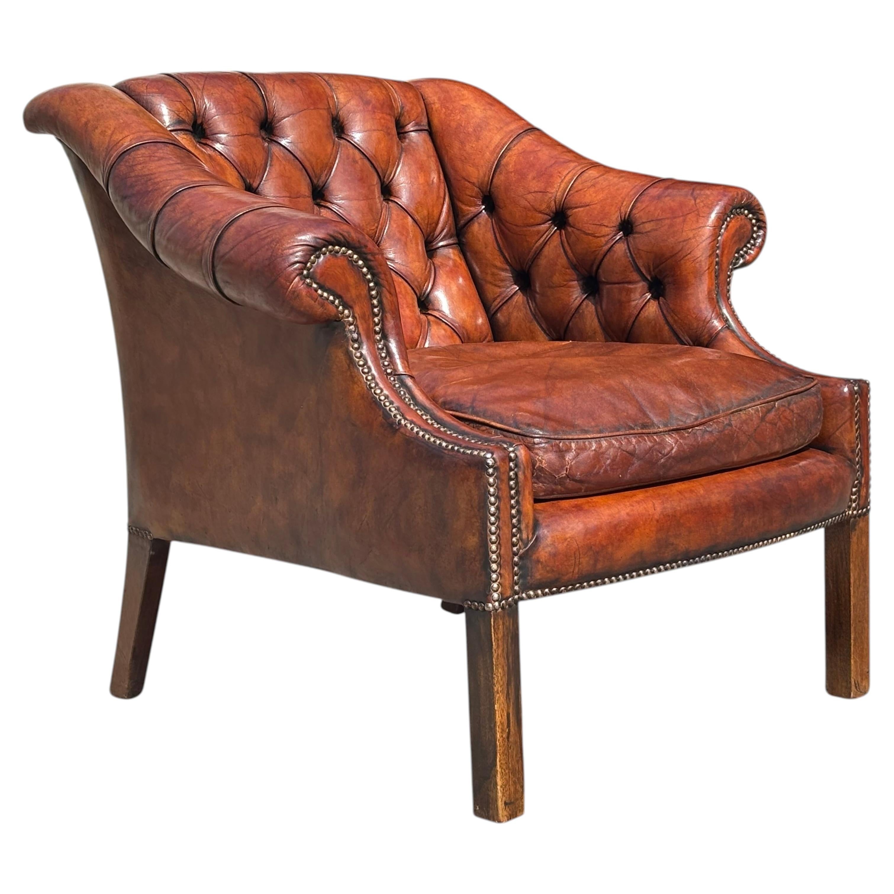 19th Century Victorian Period Brown Leather Library Club Armchair