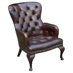 19th Century Victorian Period Brown Leather Reading Armchair