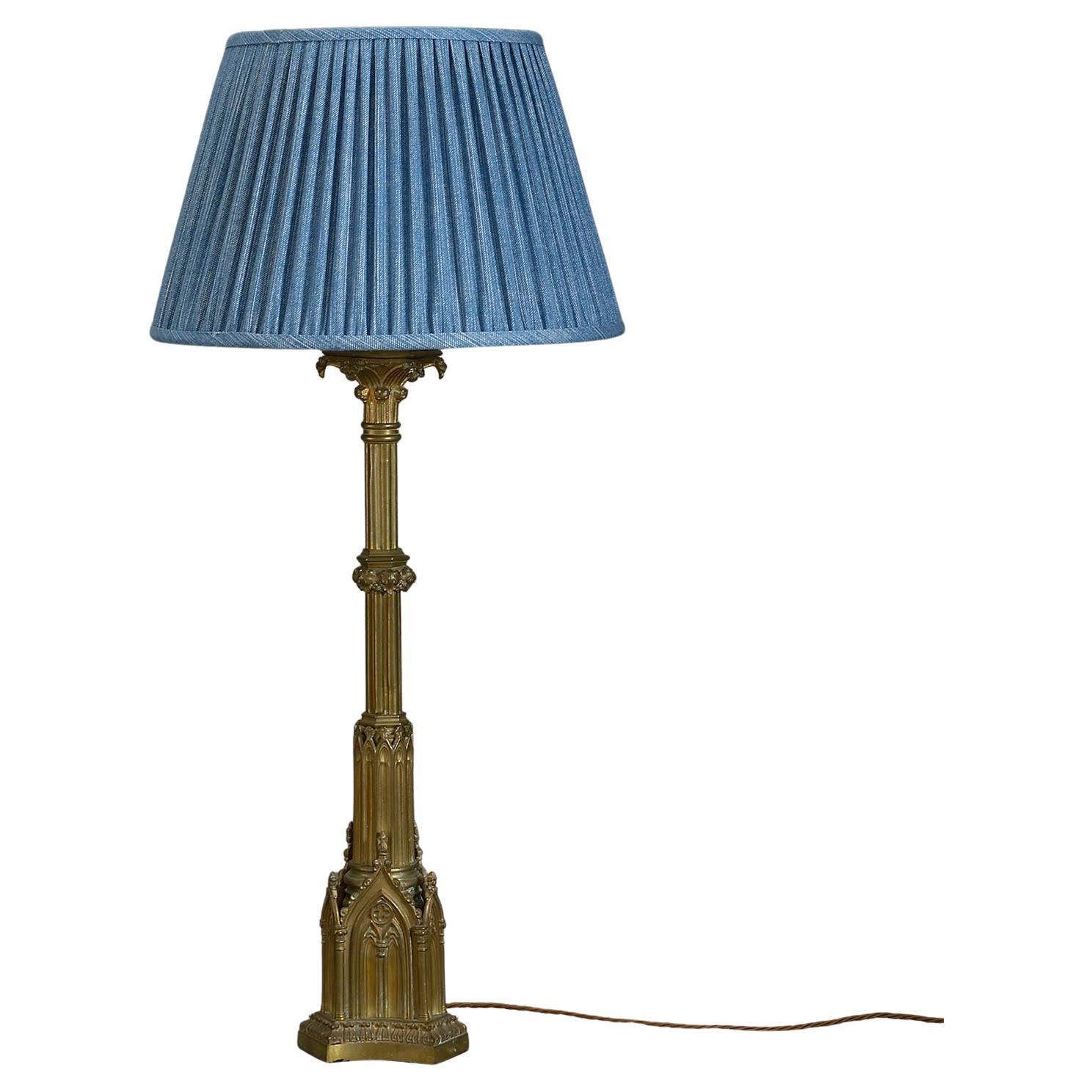 19th Century Victorian Period Gothic Brass Column Lamp For Sale