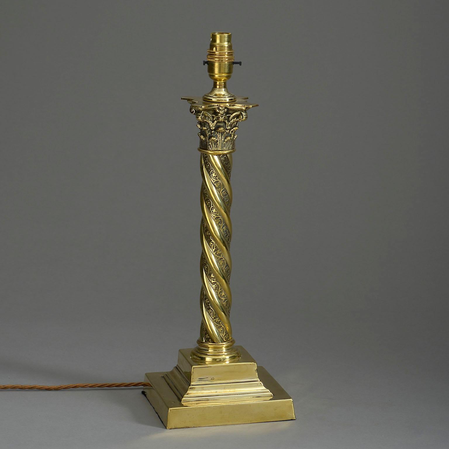 English 19th Century Victorian Period Polished Brass Column Lamp