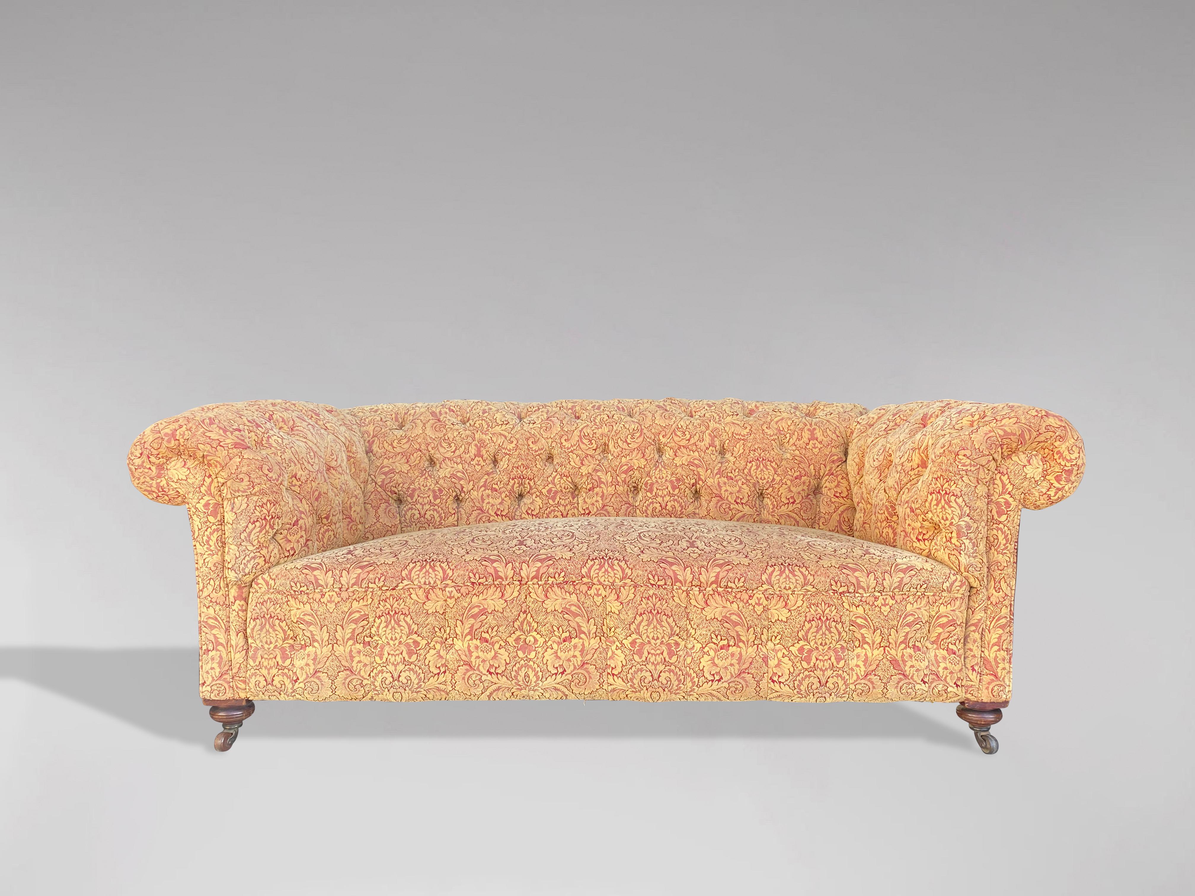 A superb quality Victorian period large 2-seater mahogany framed deep buttoned upholstered chesterfield sofa. Standing on mahogany turned legs terminating in castors. With horsehair stuffing throughout and upholstered in a good quality hard wearing