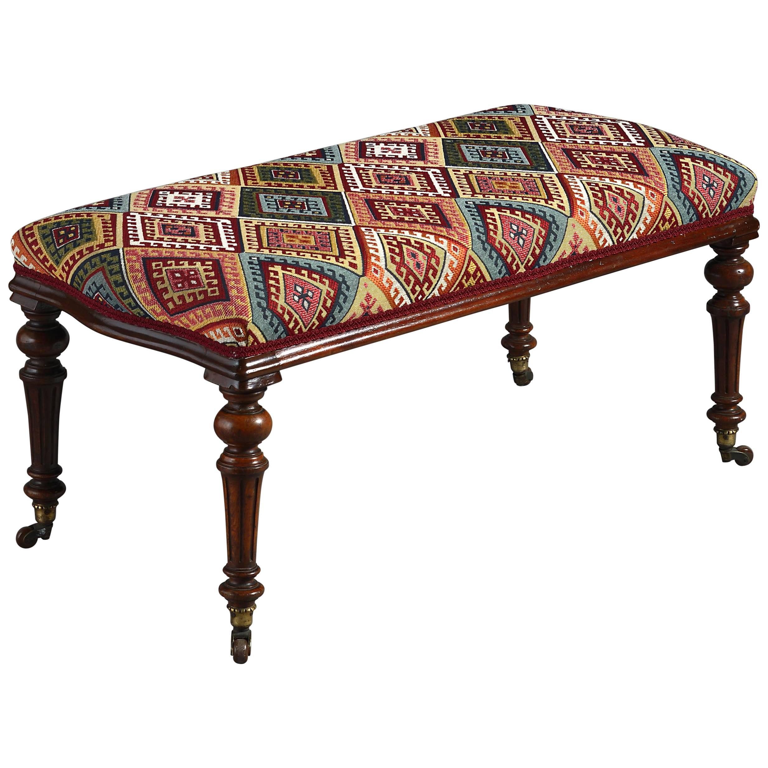 19th Century Victorian Period Upholstered Walnut Long Stool
