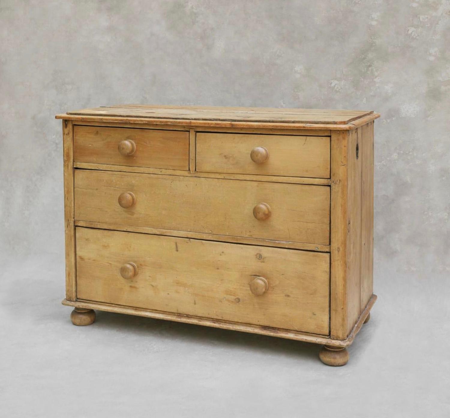 Beautifully toned, Vintage Victorian Era, English Pine 2 over 2 Chest of Drawers. We love this piece styled as a dresser, nightstand, or storage cabinet in an entryway or living space between 2 windows. Typical antique weathering of wood. Hollowed