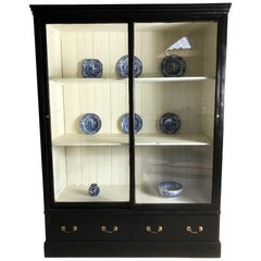 19th Century Victorian Pine Black Display Cabinet Cupboard Bookcase