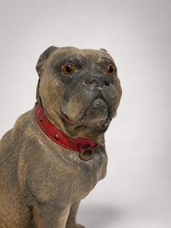 19th Century, Victorian Polychrome Terracotta Pug Dog with Glass Eyes