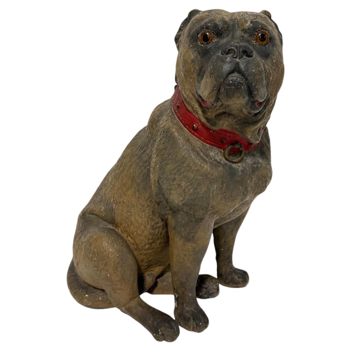 19th Century, Victorian Polychrome Terracotta Pug Dog with Glass Eyes