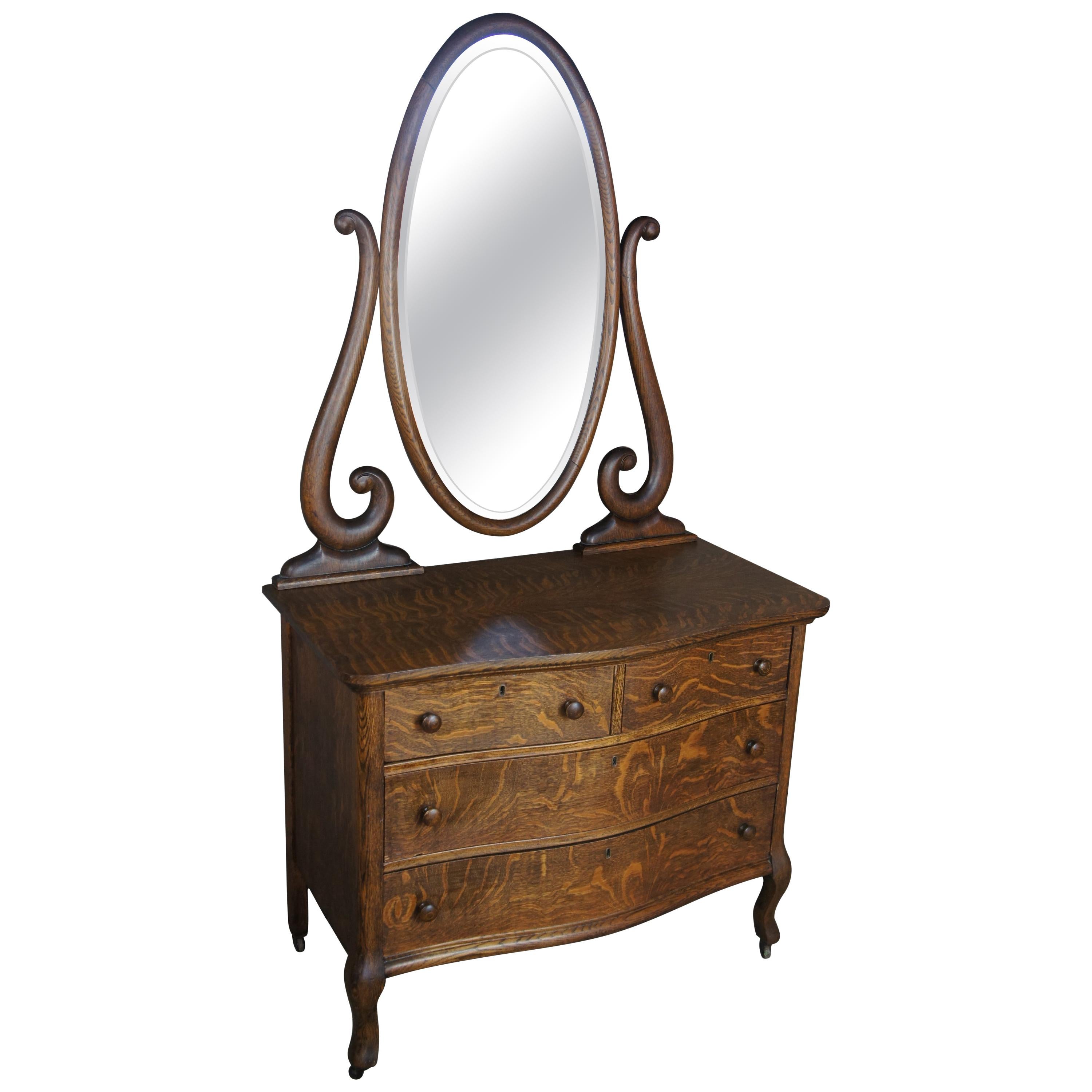 19th Century Victorian Quartersawn Oak Mirrored Dresser Chest Vanity Wash Stand