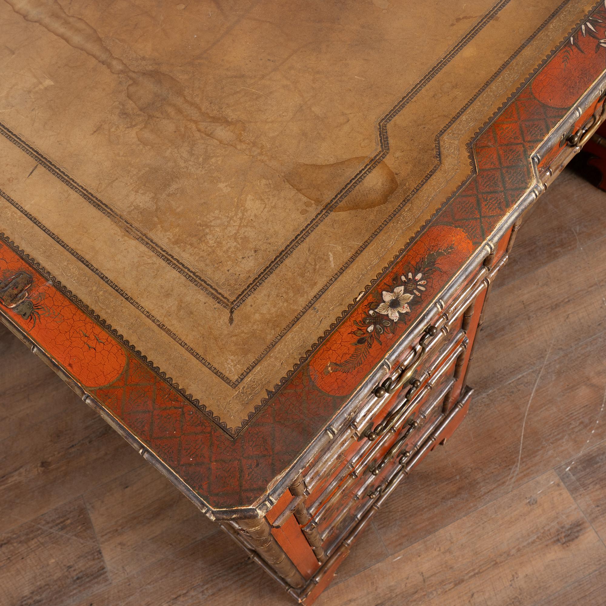 19th Century Victorian Red Chinoiserie Faux Bamboo English Partners Desk im Angebot 2