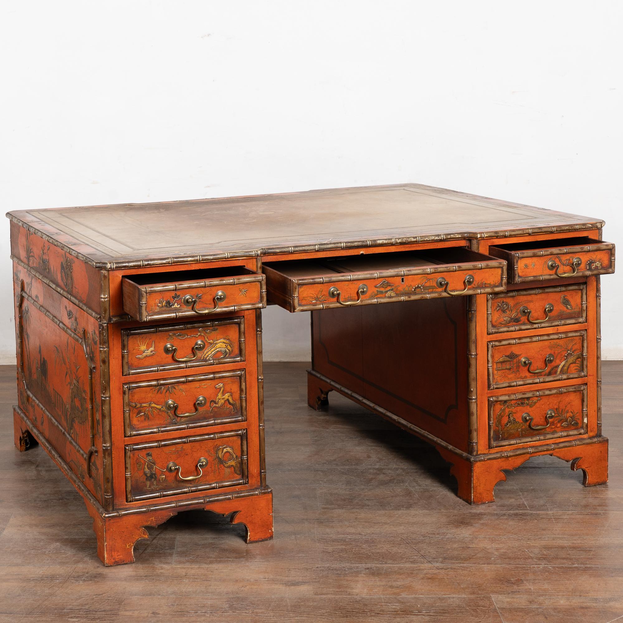 19th Century Victorian Red Chinoiserie Faux Bamboo English Partners Desk im Angebot 3