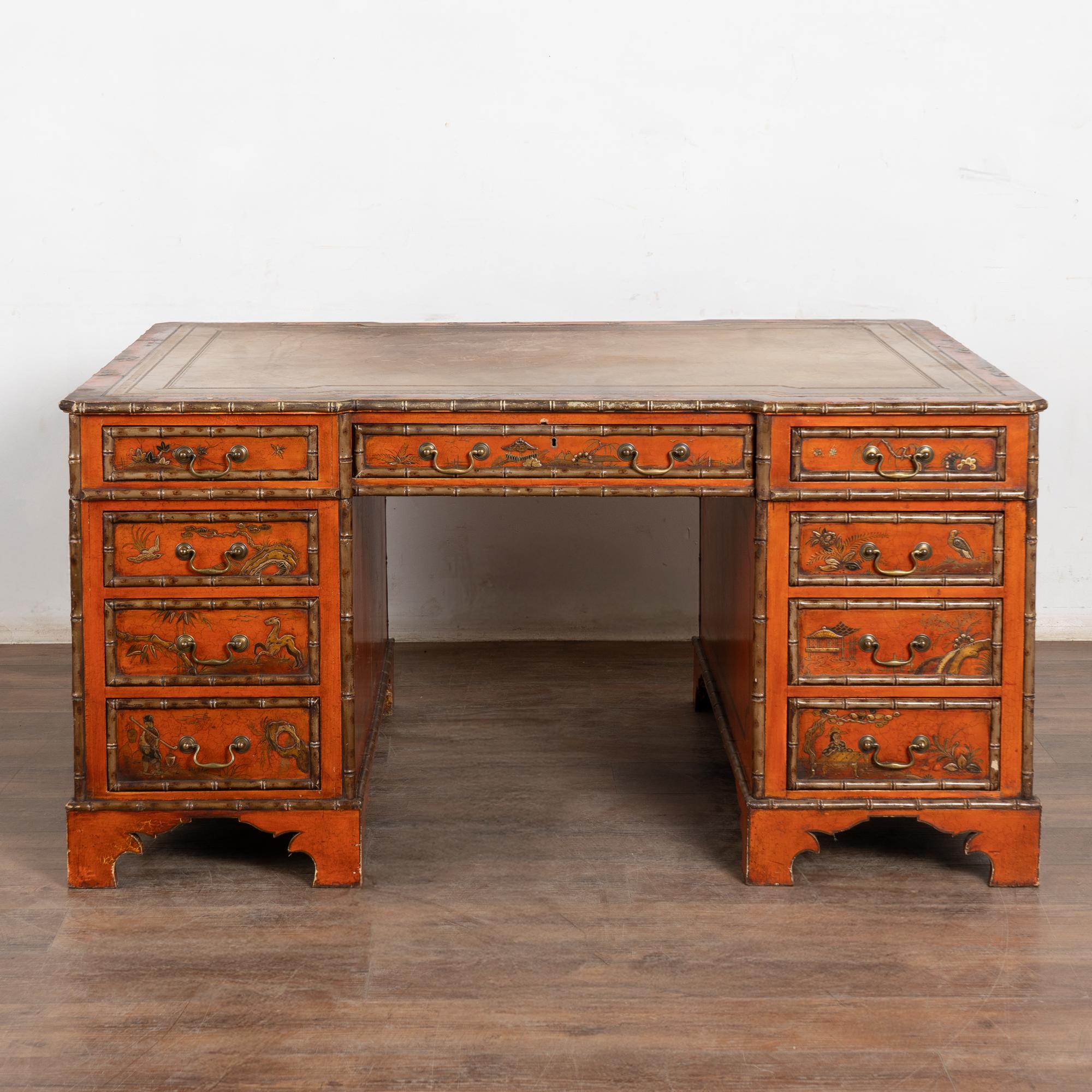 19th Century Victorian Red Chinoiserie Faux Bamboo English Partners Desk im Angebot 4