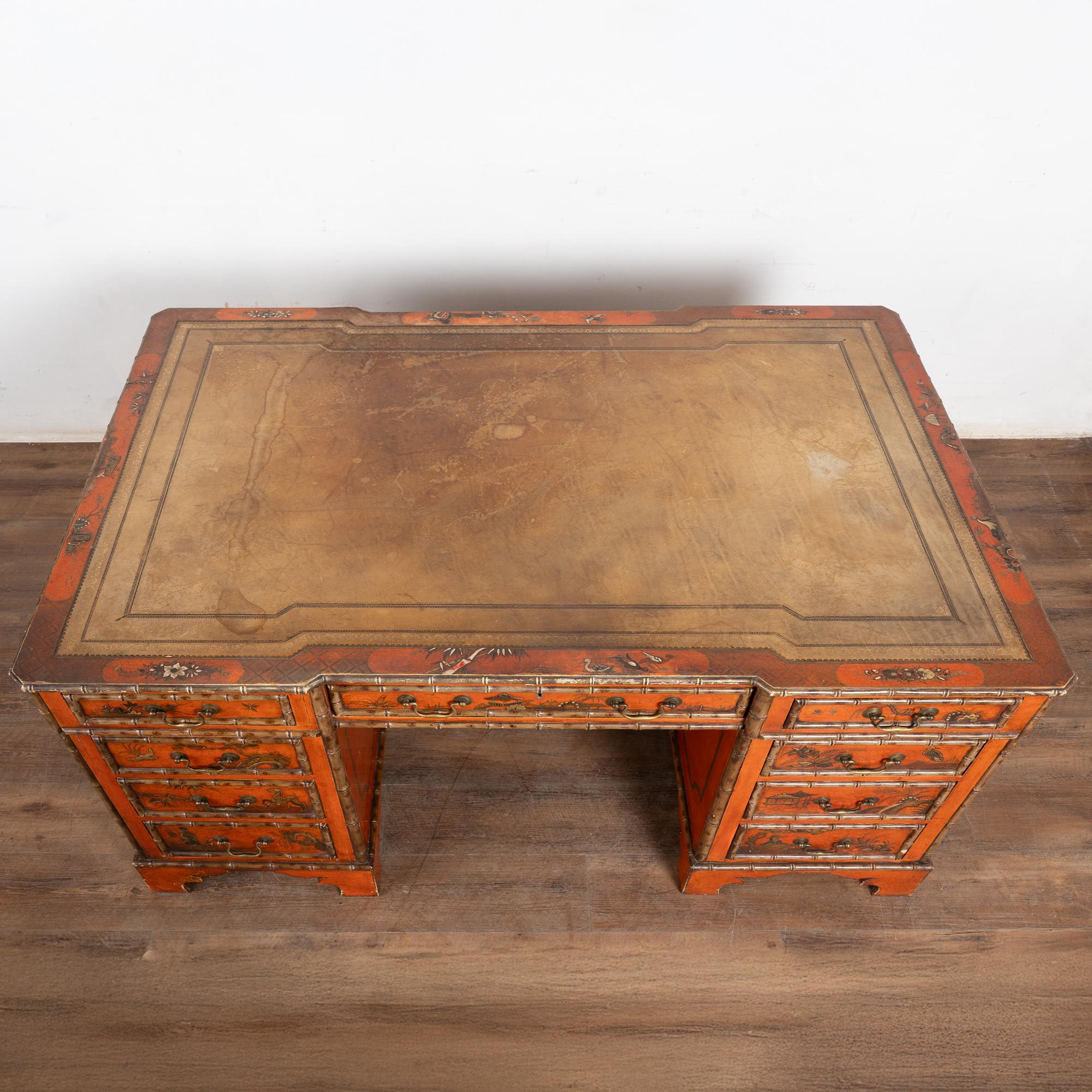 19th Century Victorian Red Chinoiserie Faux Bamboo English Partners Desk im Angebot 5