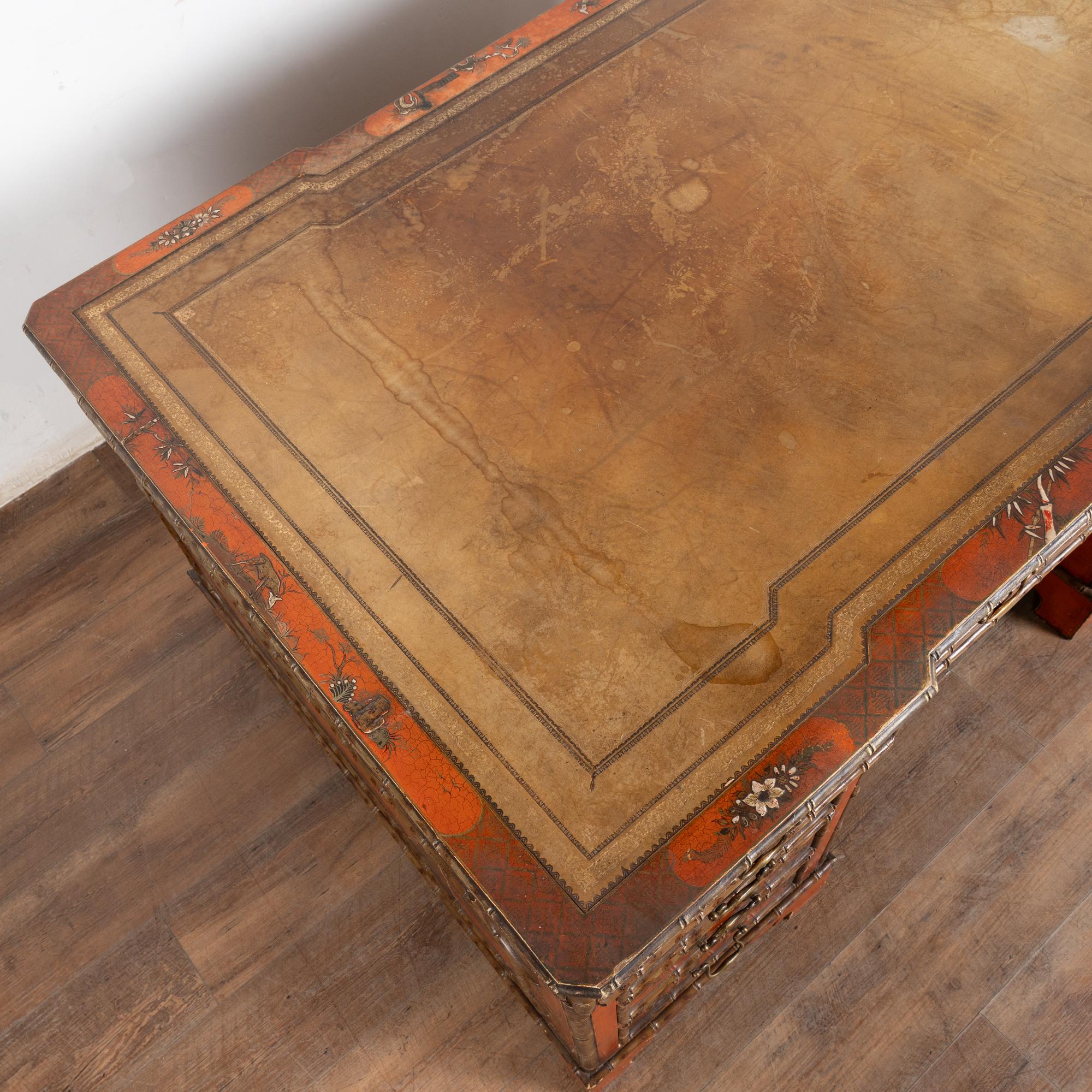 19th Century Victorian Red Chinoiserie Faux Bamboo English Partners Desk im Angebot 7