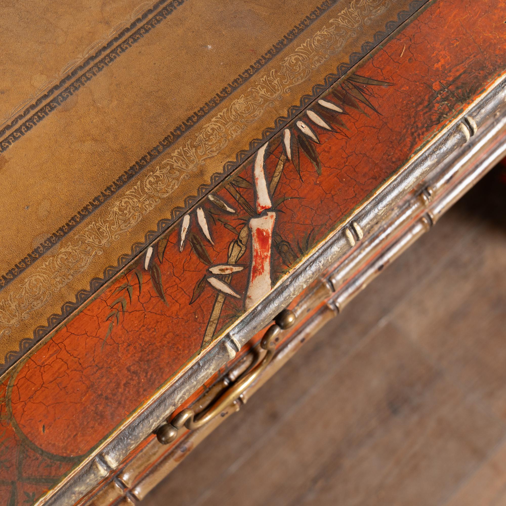 19th Century Victorian Red Chinoiserie Faux Bamboo English Partners Desk im Angebot 8