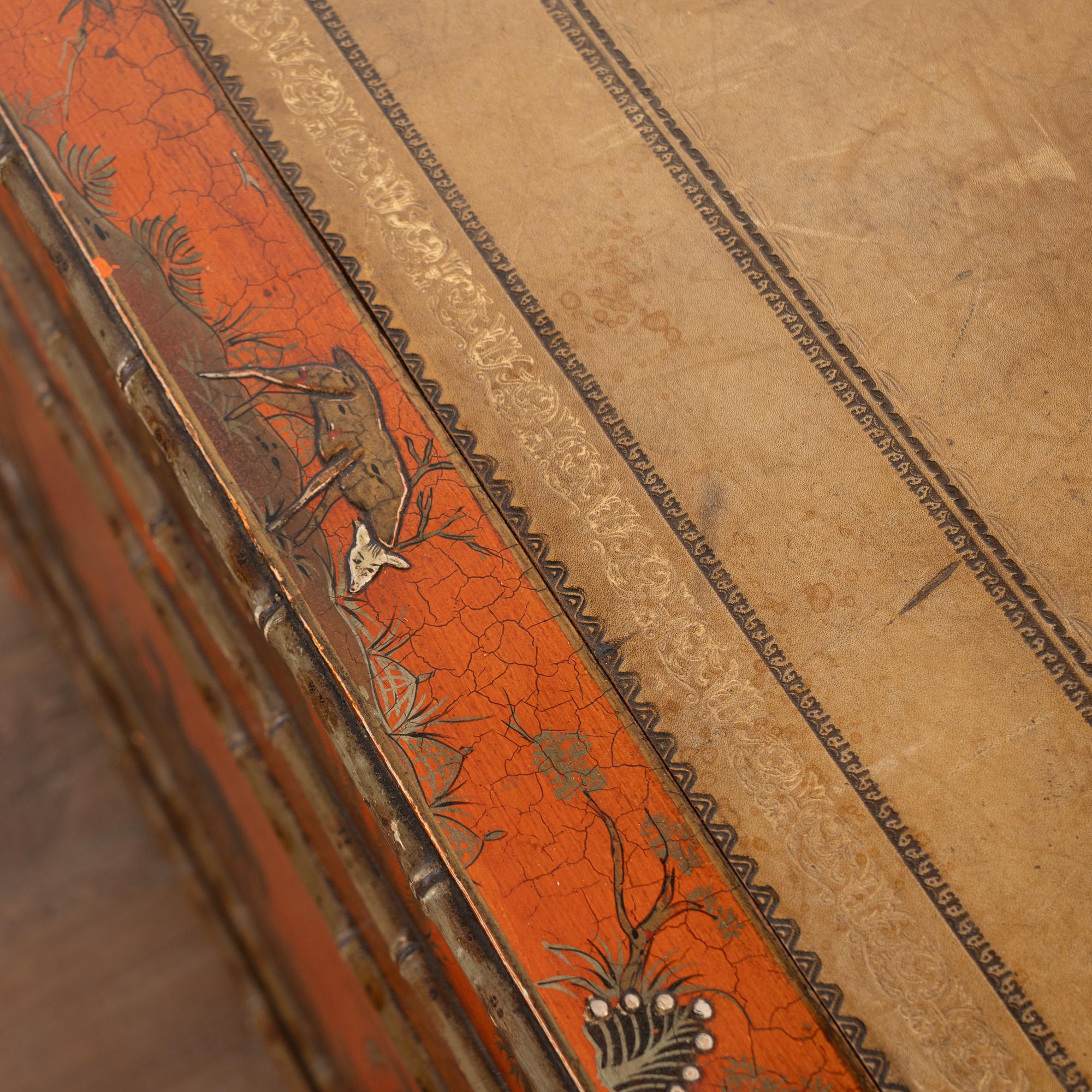 19th Century Victorian Red Chinoiserie Faux Bamboo English Partners Desk im Angebot 9