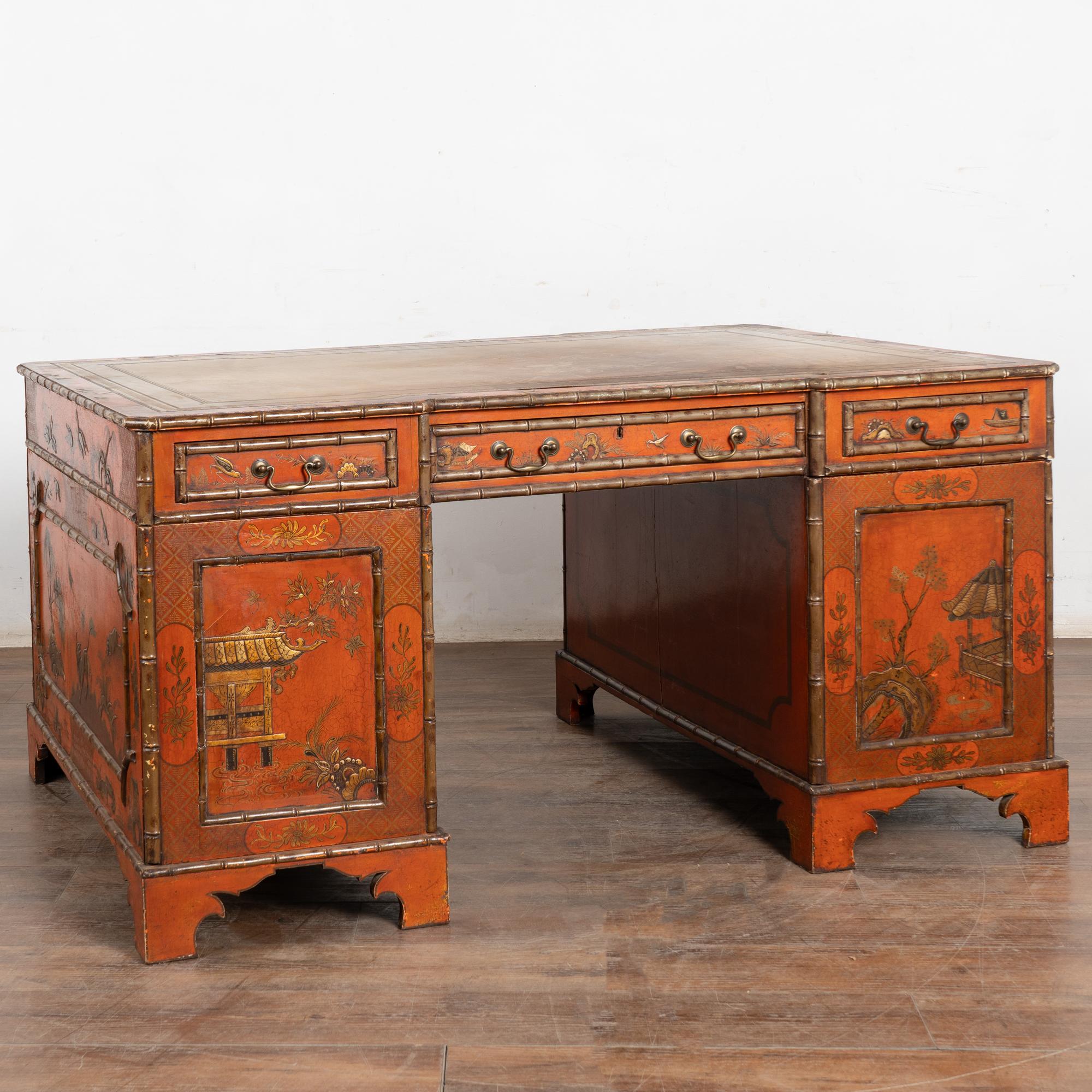 19th Century Victorian Red Chinoiserie Faux Bamboo English Partners Desk im Angebot 12