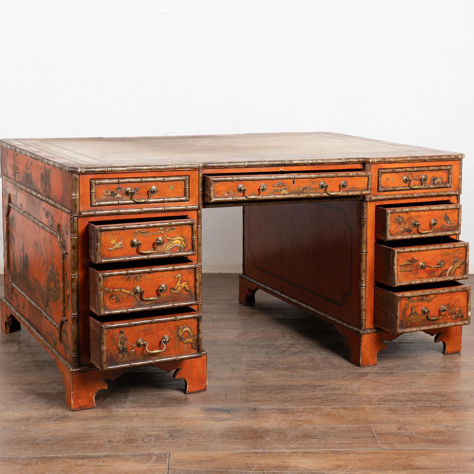 19th Century Victorian Red Chinoiserie Faux Bamboo English Partners Desk (Sonstiges) im Angebot