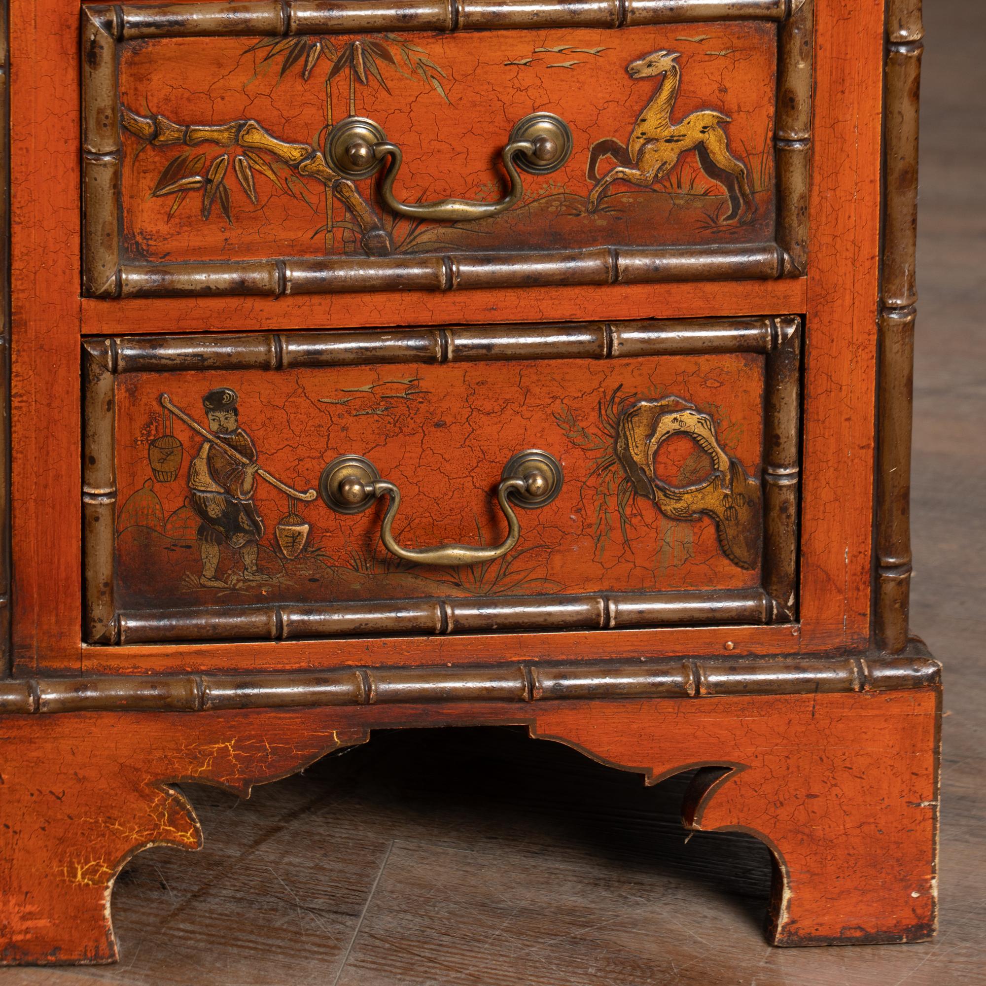 19th Century Victorian Red Chinoiserie Faux Bamboo English Partners Desk im Zustand „Relativ gut“ im Angebot in Round Top, TX