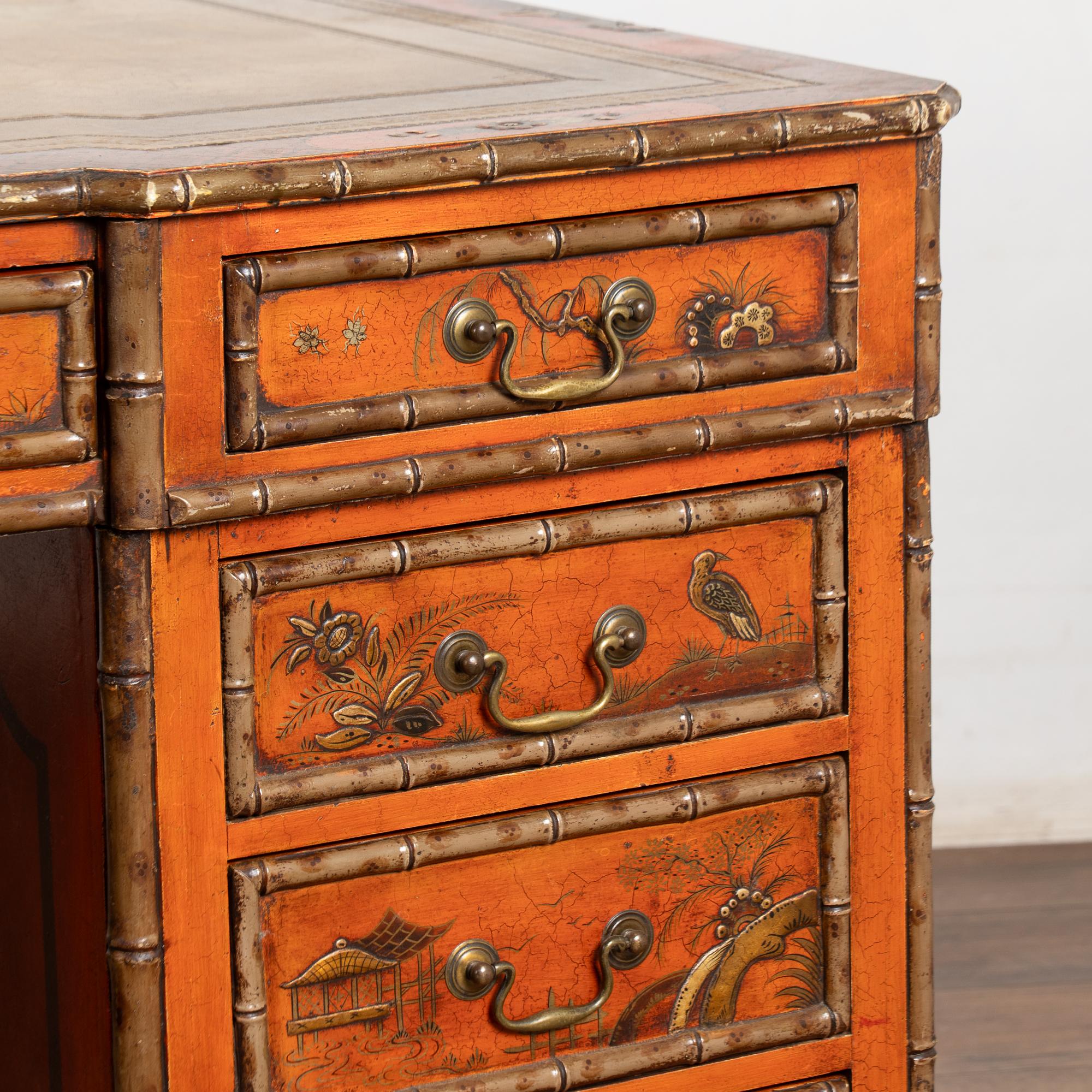 19th Century Victorian Red Chinoiserie Faux Bamboo English Partners Desk (19. Jahrhundert) im Angebot
