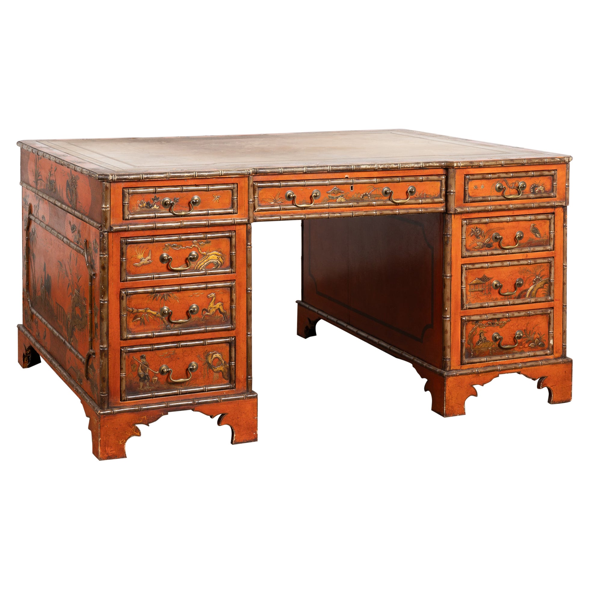 19th Century Victorian Red Chinoiserie Faux Bamboo English Partners Desk im Angebot