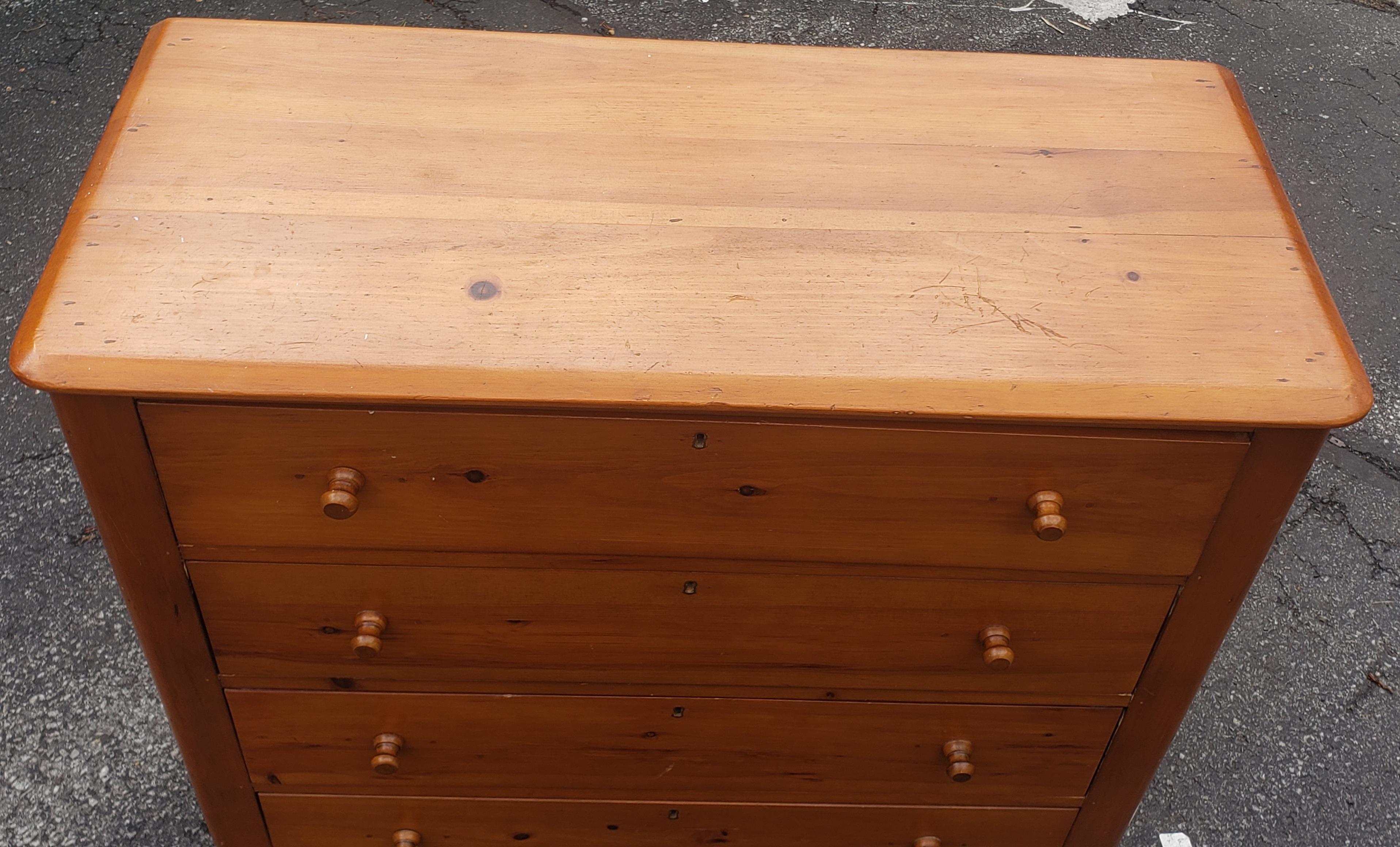 American 19th Century Victorian Refinished Solid Pine 4- Drawers Chest Of Drawers  For Sale