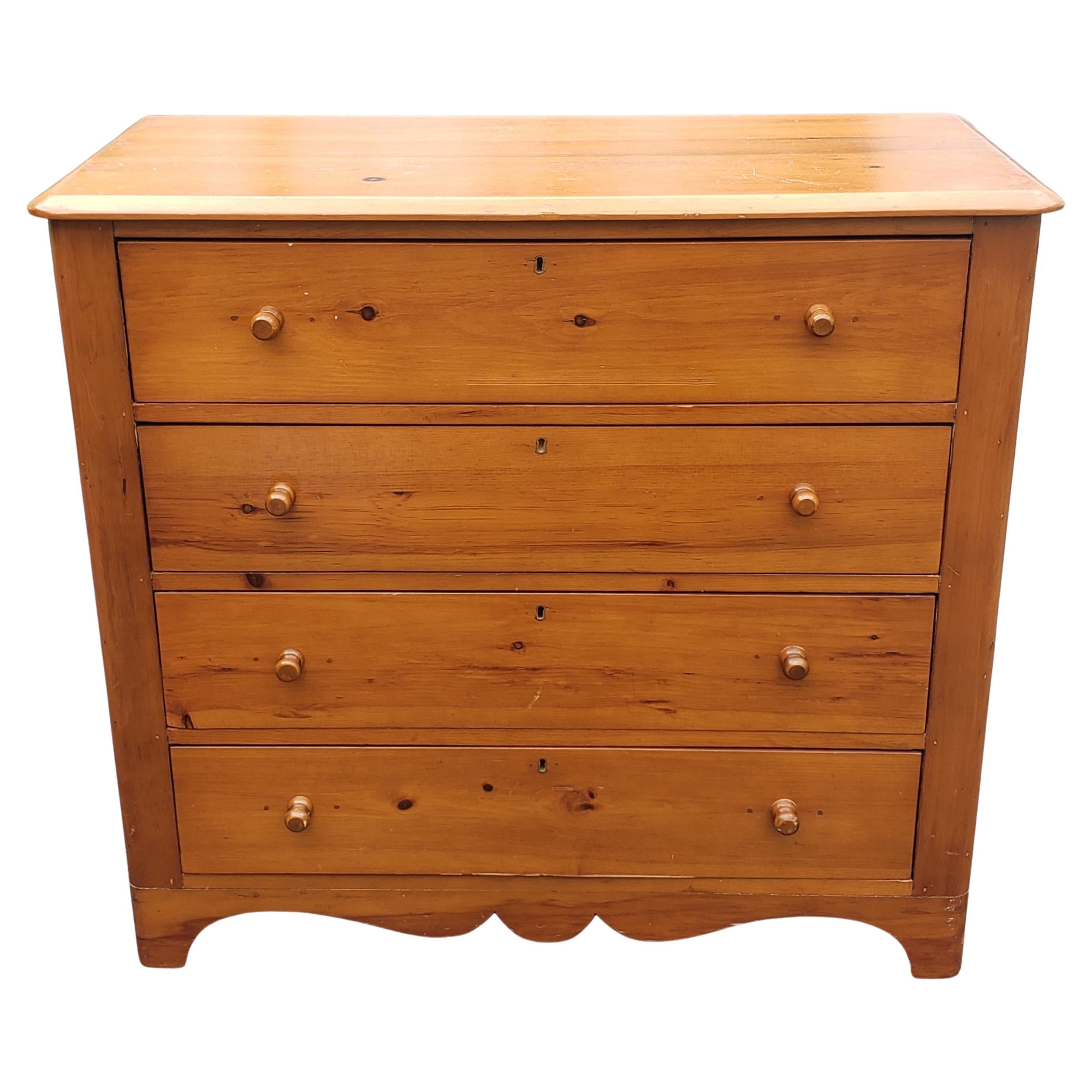 19th Century Victorian Refinished Solid Pine 4- Drawers Chest Of Drawers 