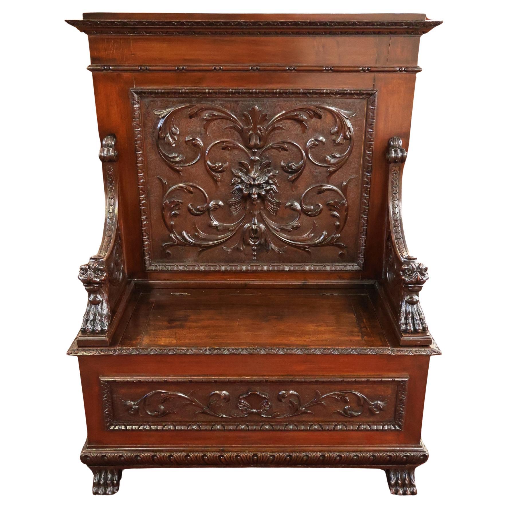 19th Century Victorian Renaissance Revival Carved Mahogany Settee Bench