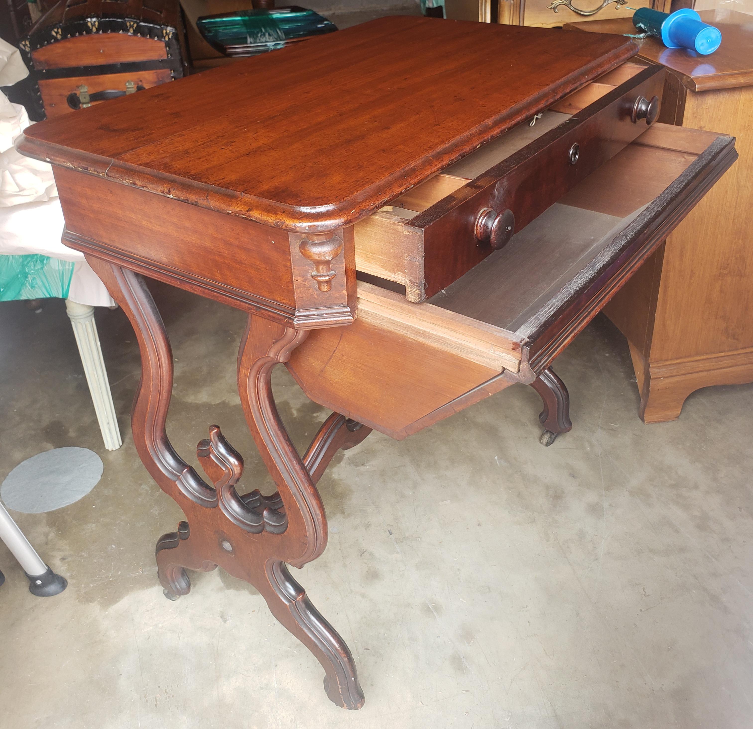 19th Century Victorian Rococo Style Carved Mahogany Rolling Sewing Table For Sale 6