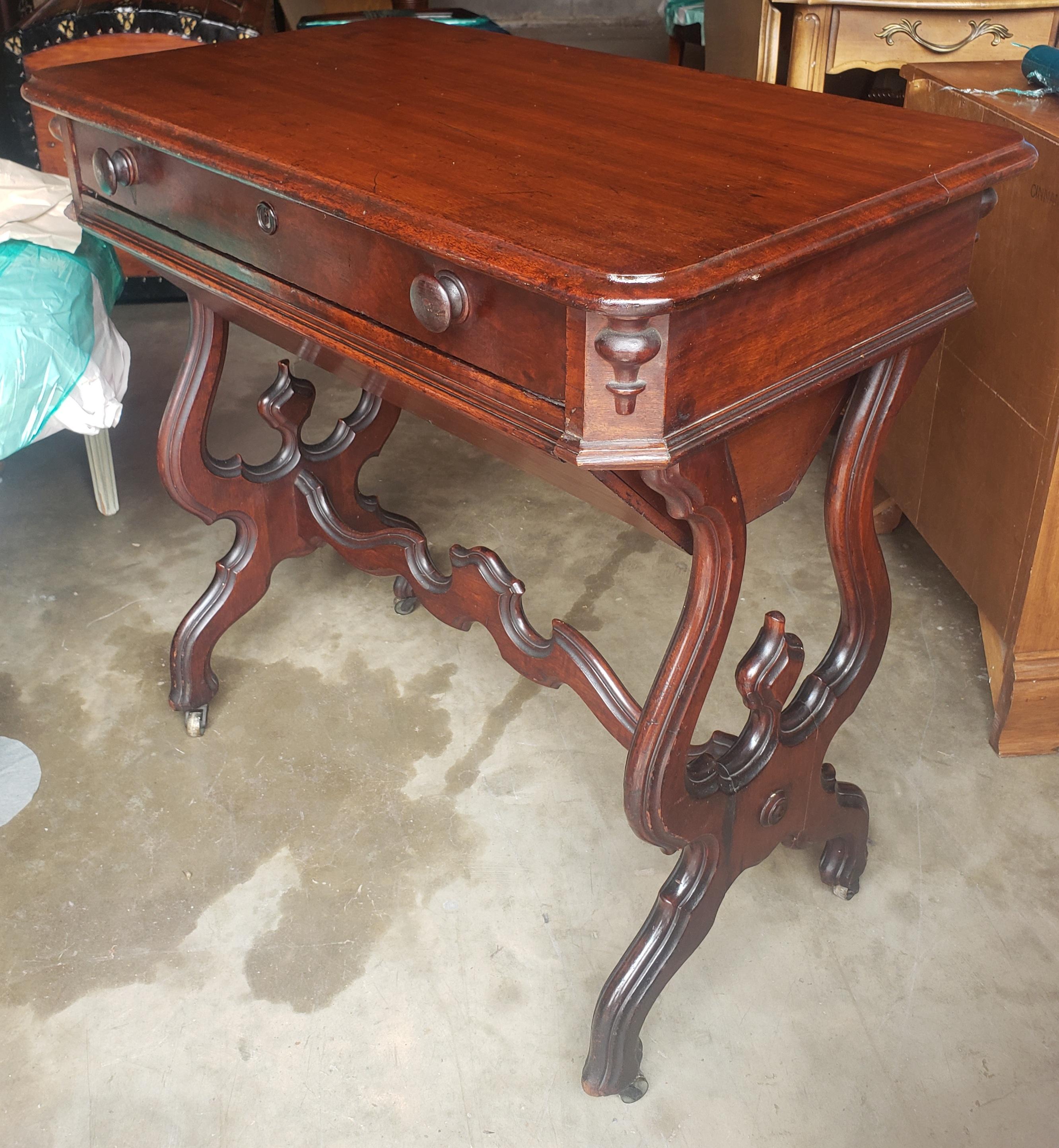 19th Century Victorian Rococo Style Carved Mahogany Rolling Sewing Table For Sale 7